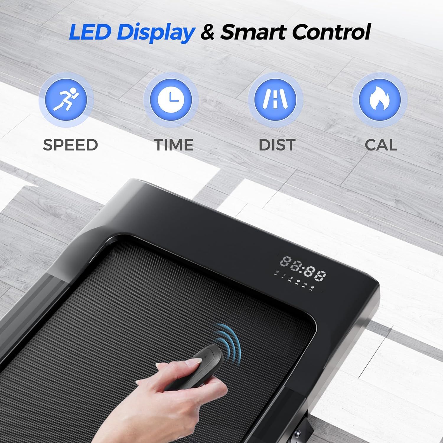 Communicates the product's smart control capabilities and LED display that tracks multiple workout metrics (speed, time, distance, calories) to reassure…