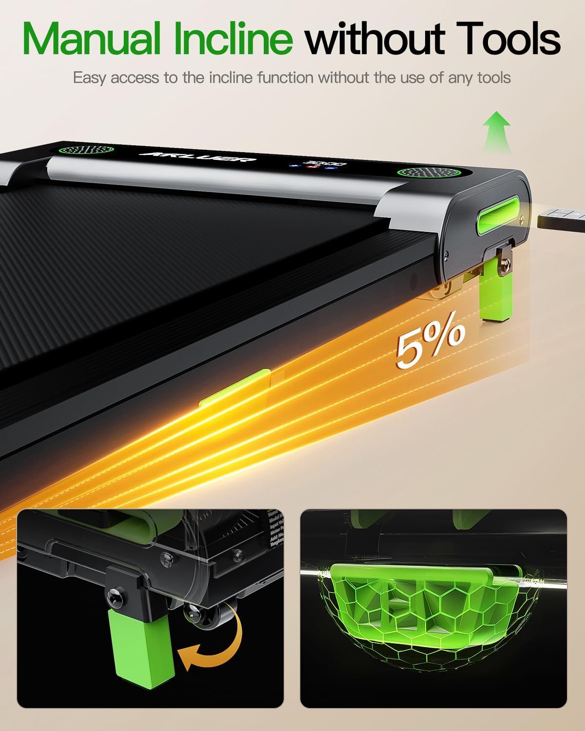 Demonstrates how the treadmill's manual incline feature works without requiring tools, showing the simple mechanism and 5% incline capability to reassure…