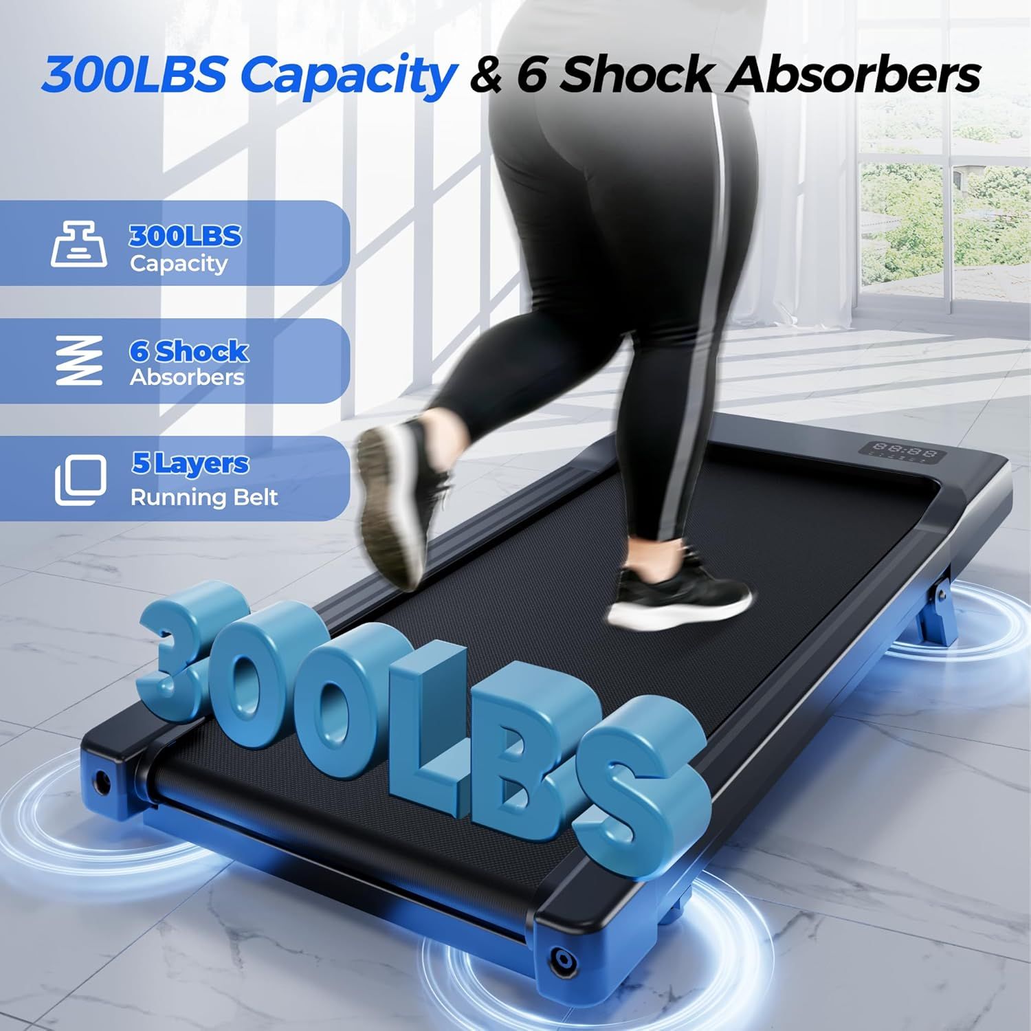 Communicates multiple key technical specifications and durability features of the treadmill to reassure shoppers about its weight capacity, shock absorption…