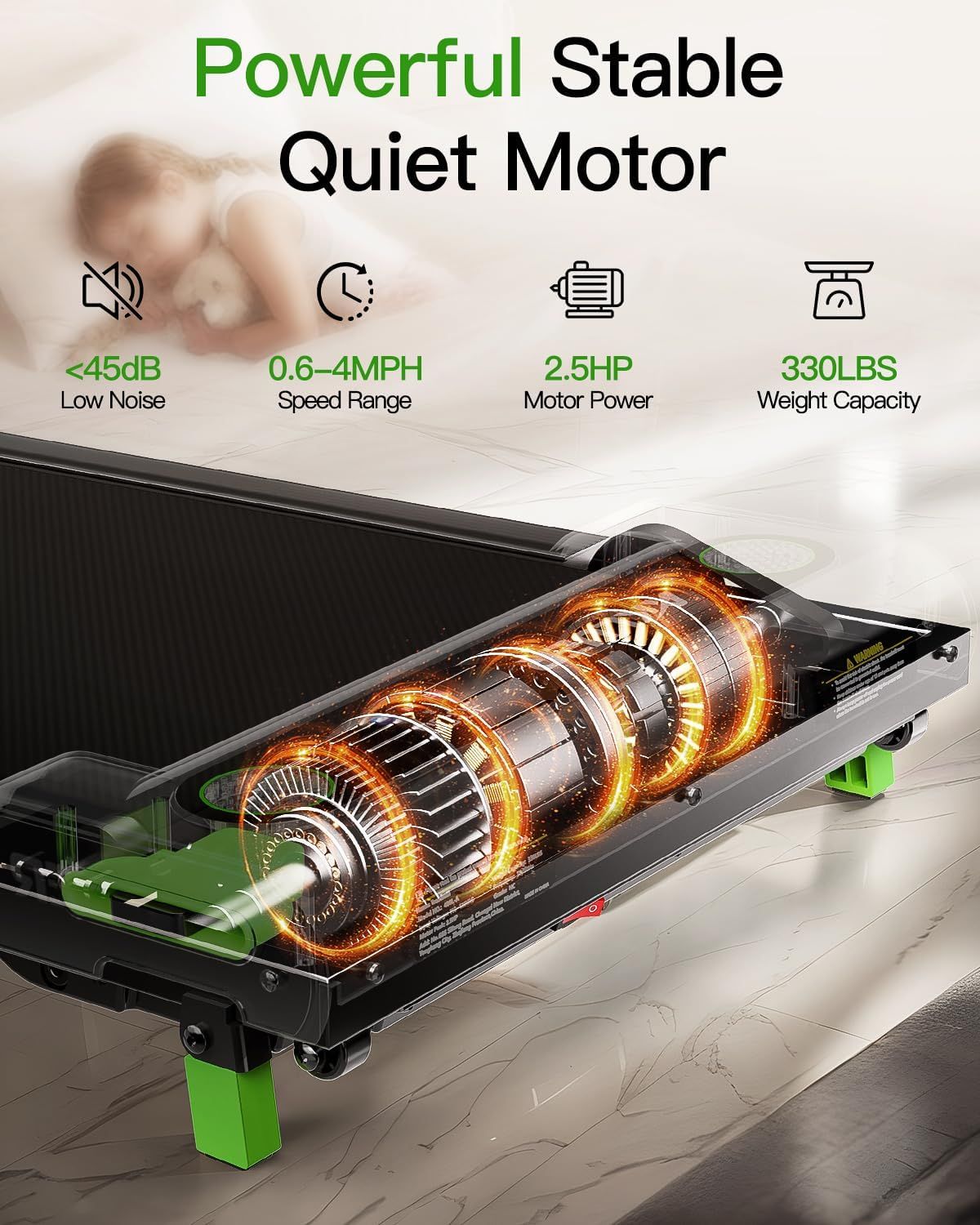 Communicates multiple key motor specifications and performance benefits in a segmented layout to reassure shoppers about the treadmill's power, quietness,…