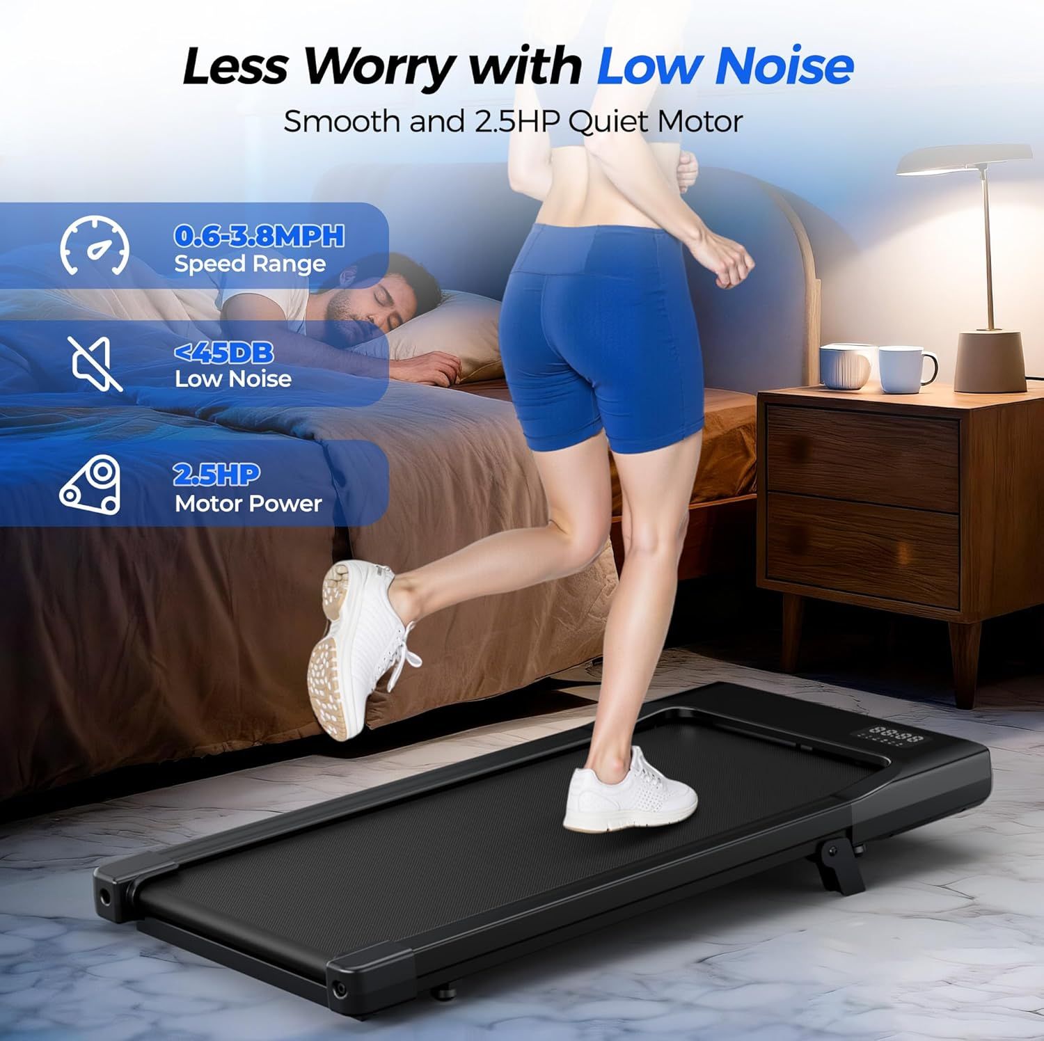 Communicates multiple key benefits of the treadmill—quiet operation for home use, variable speed capability, and powerful motor—to reassure shoppers it's…