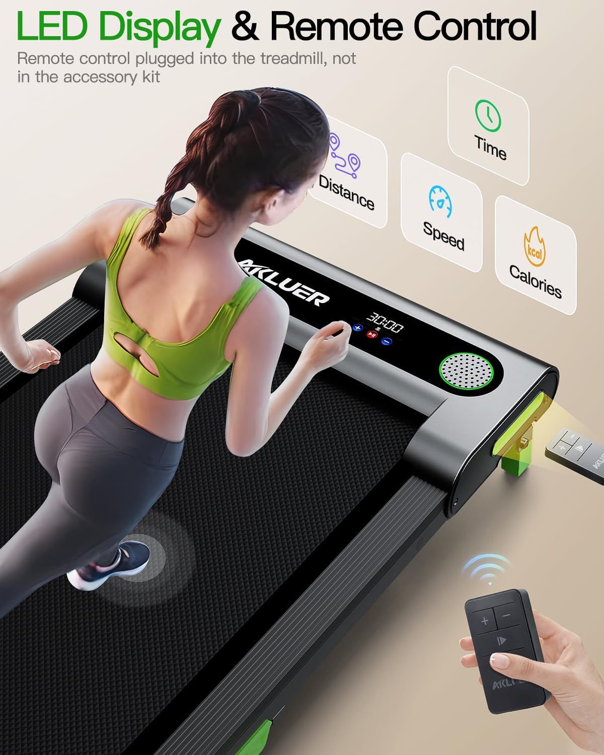 Communicates the treadmill's multiple tracking capabilities and remote control convenience, showing shoppers the comprehensive monitoring features available…
