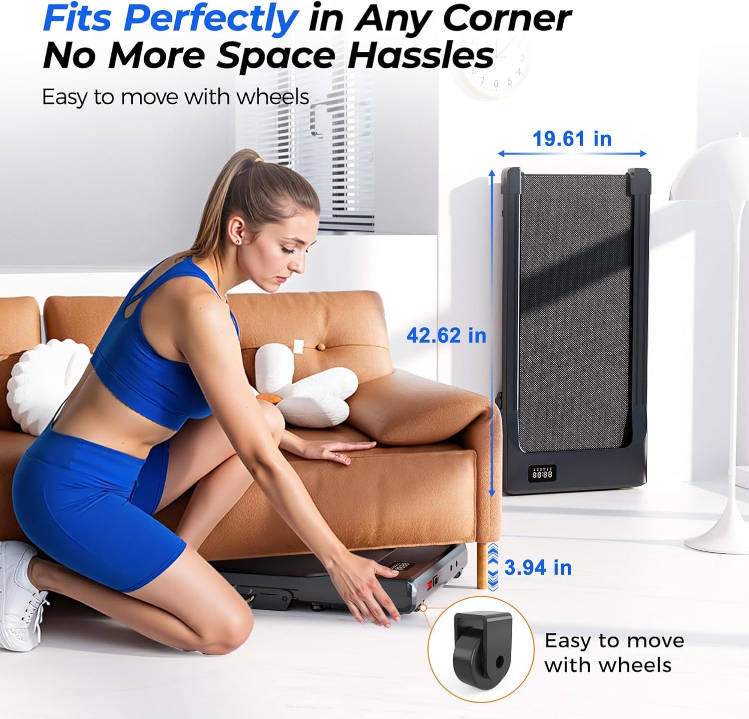 Communicates the exact physical dimensions of the product (19.61 x 42.62 x 3.94 inches) to reassure shoppers it will fit in tight spaces and corners without…