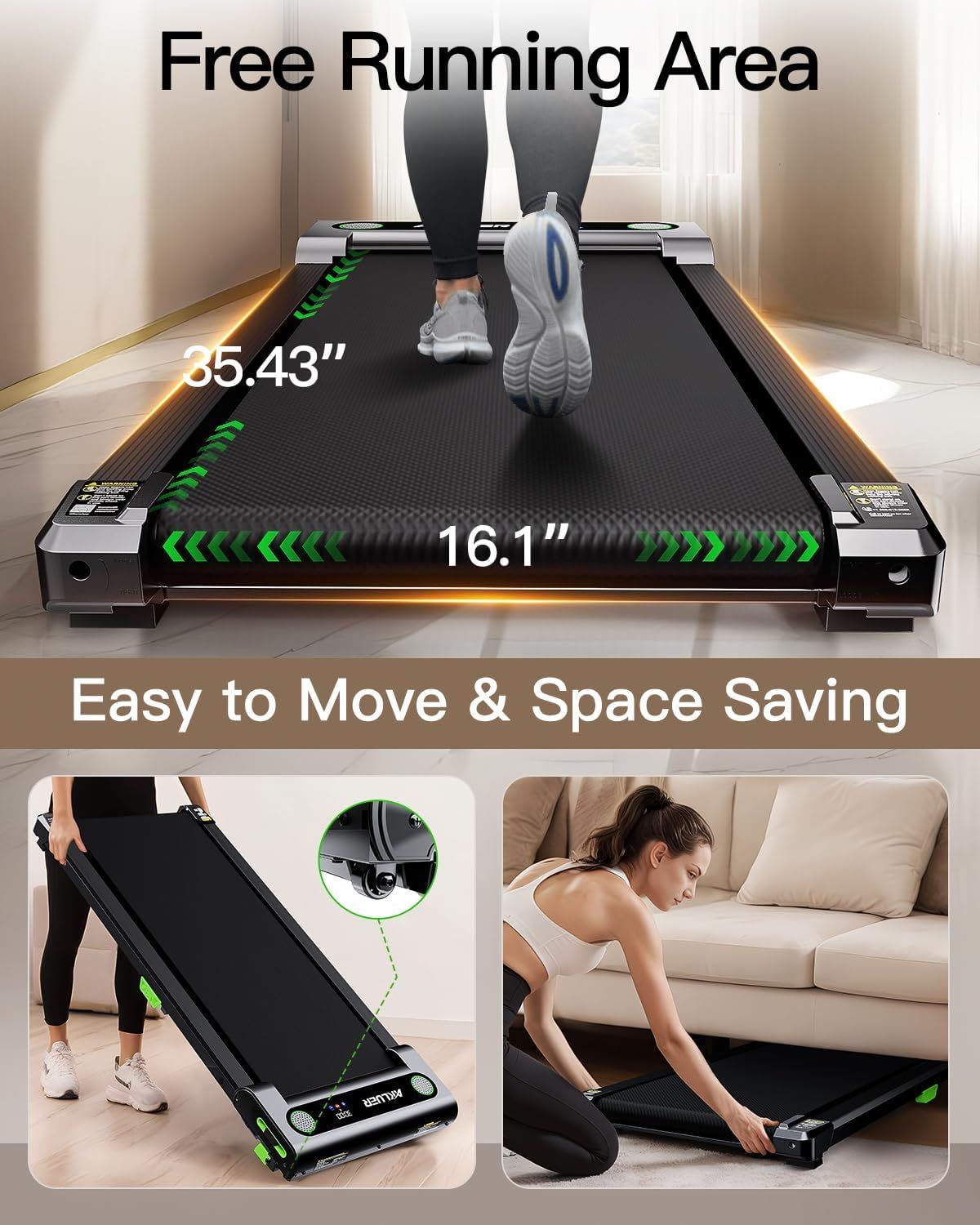 Communicates the exact dimensions of the treadmill's running area (35.43" x 16.1") to help shoppers understand the usable space and ensure it fits their…