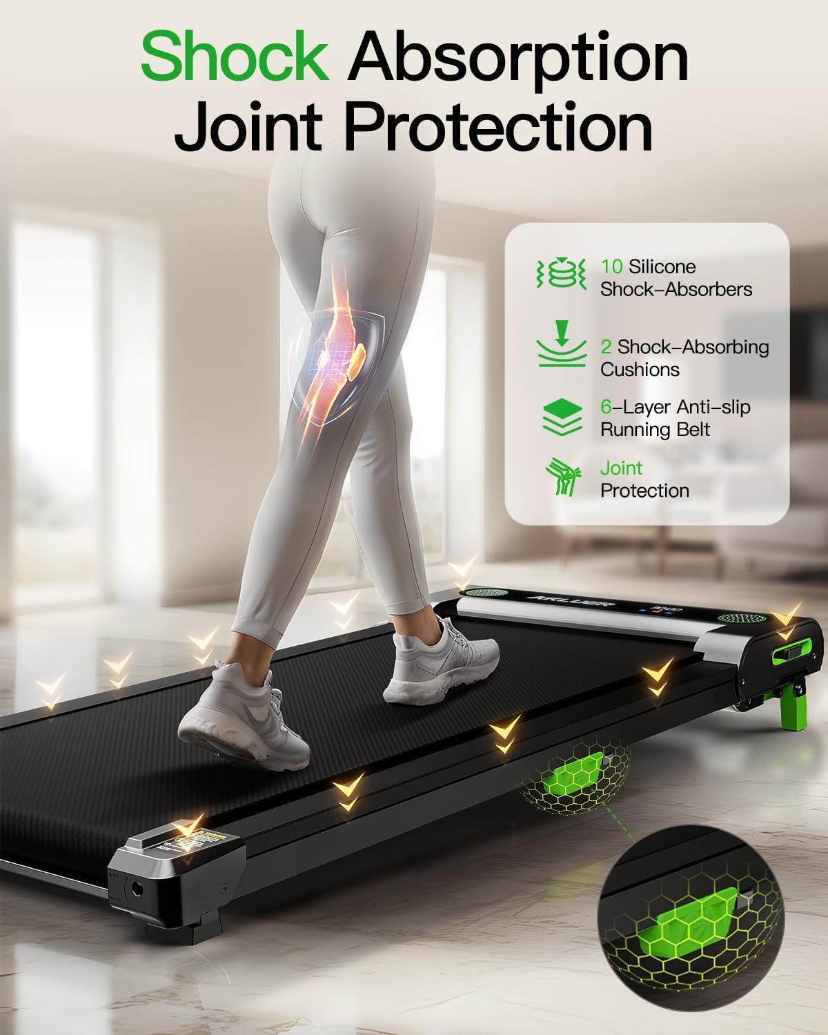 Communicates multiple protective and safety features of the treadmill, emphasizing joint protection and shock absorption technology to reassure shoppers about…