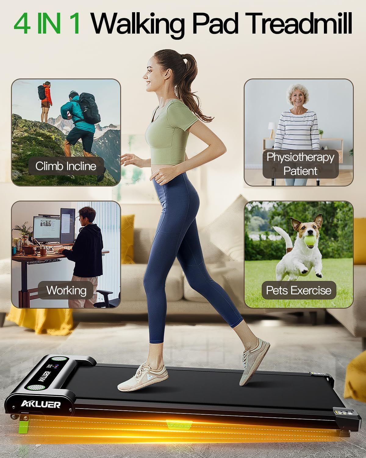 Demonstrates the versatility of the walking pad treadmill by showing four distinct use scenarios, reassuring shoppers that the product fits multiple…