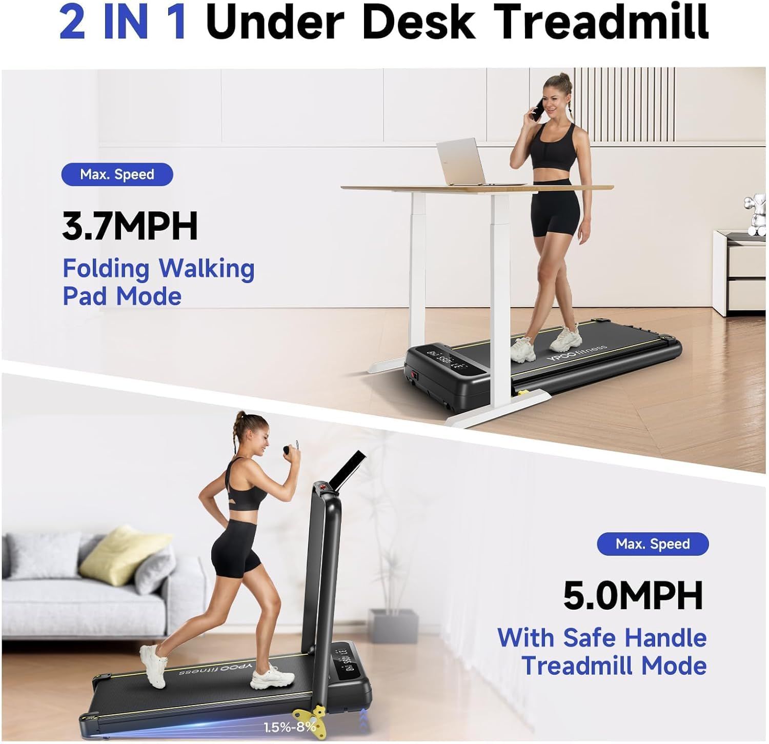 Demonstrates the product's versatility by showing two distinct use cases: a folding walking pad mode for under-desk use at 3.7MPH and a full treadmill mode…