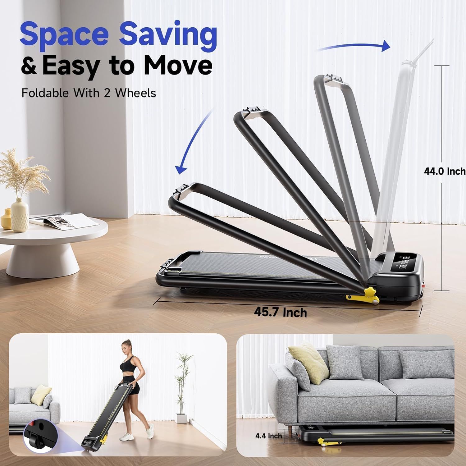 Demonstrates the treadmill's space-saving foldable design with exact dimensions (45.7 x 44.0 x 4.4 inches) and portability features to reassure shoppers it…