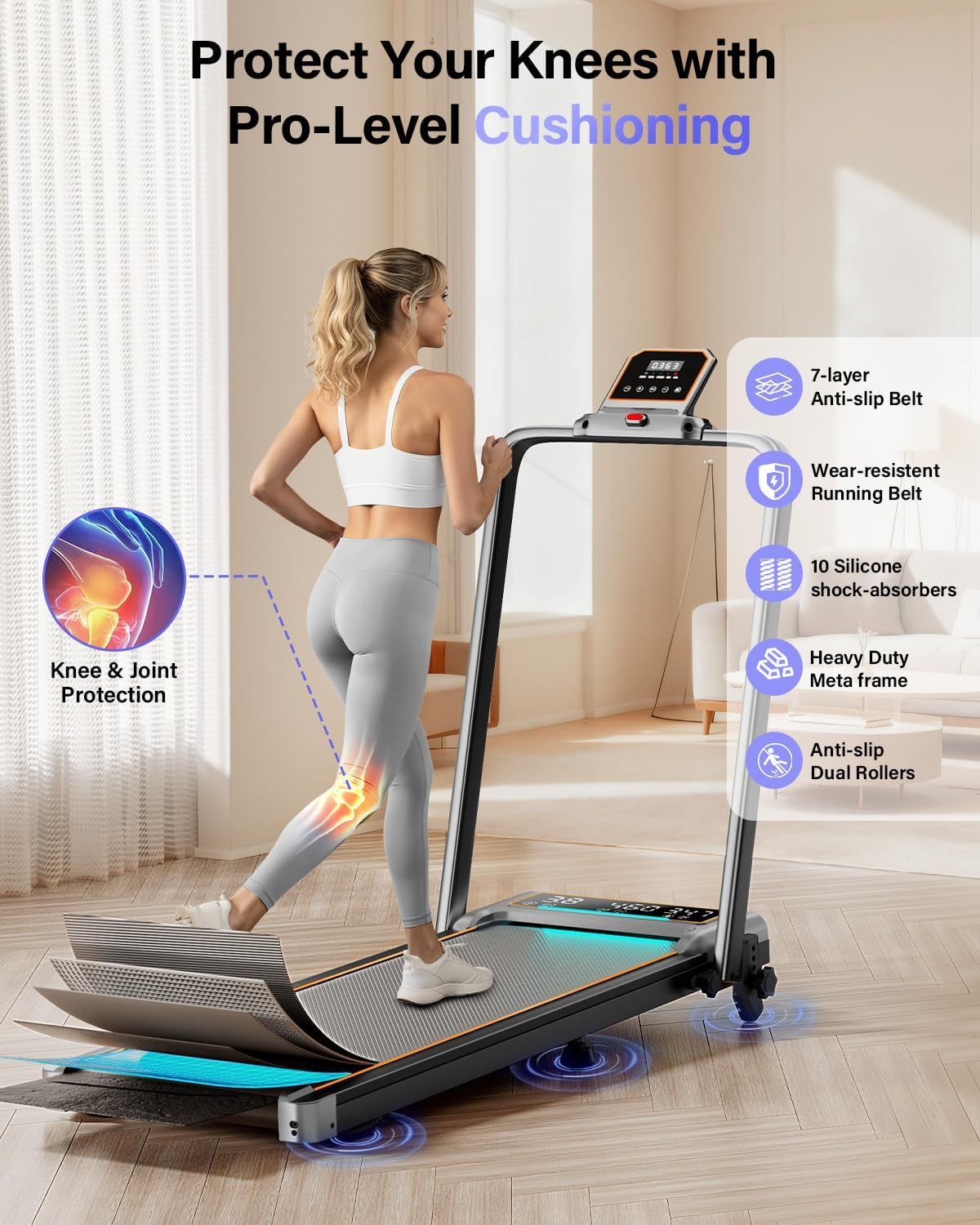 Communicates multiple distinct product features and benefits in a segmented layout with callouts, emphasizing the treadmill's cushioning technology and…