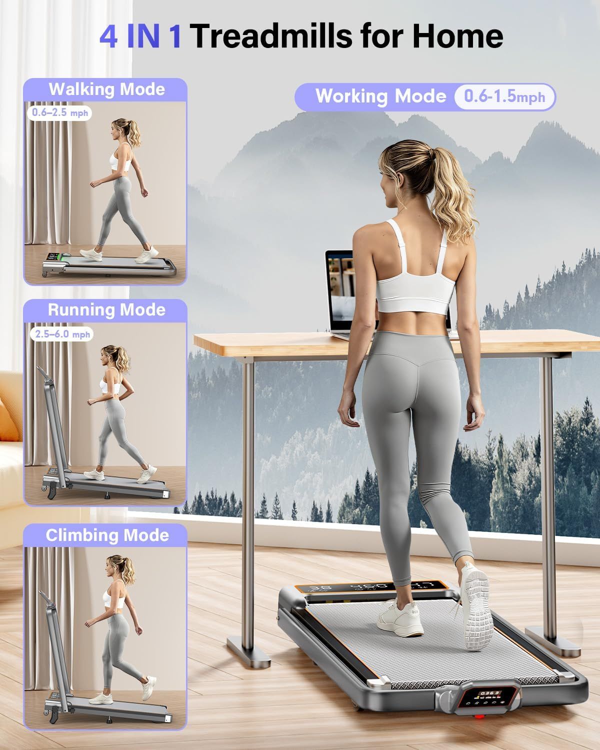 Demonstrates the treadmill's versatility by showing four distinct usage modes (walking, running, climbing, and working), reassuring shoppers that one product…