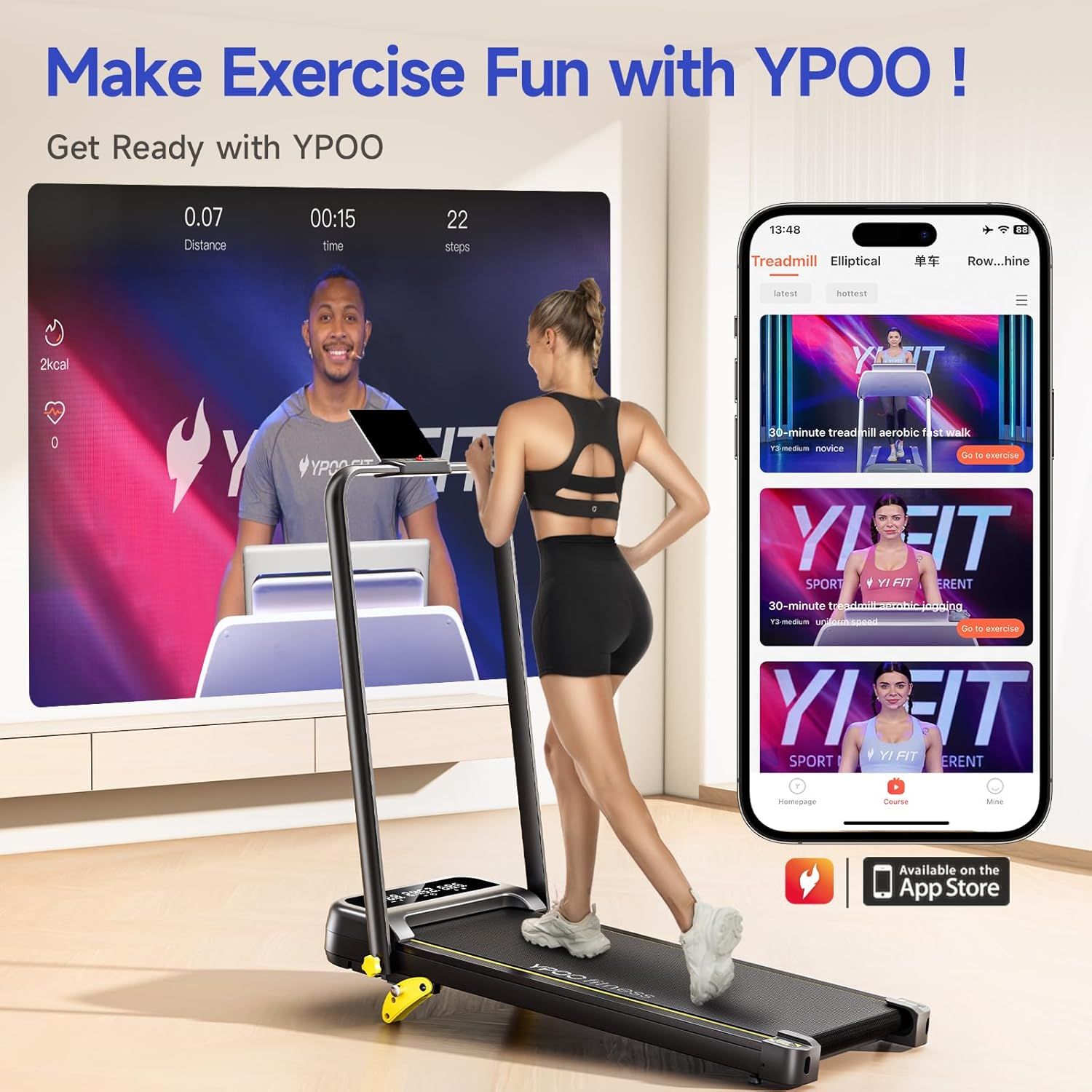 Demonstrates the product's integration with the YPOO fitness app, showing multiple workout options and use cases (treadmill exercises, aerobic jogging) to…