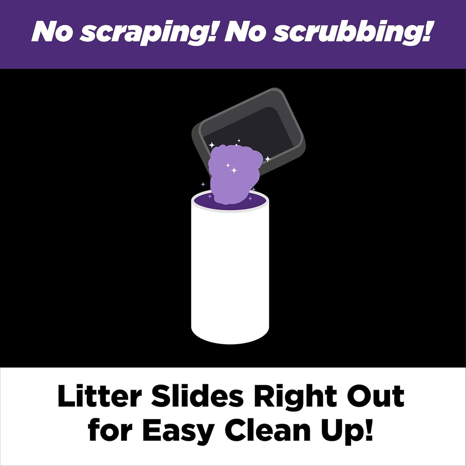 Demonstrates how the litter slides out of the container for easy cleanup, emphasizing the no-scraping, no-scrubbing convenience of the product. Highlights the…