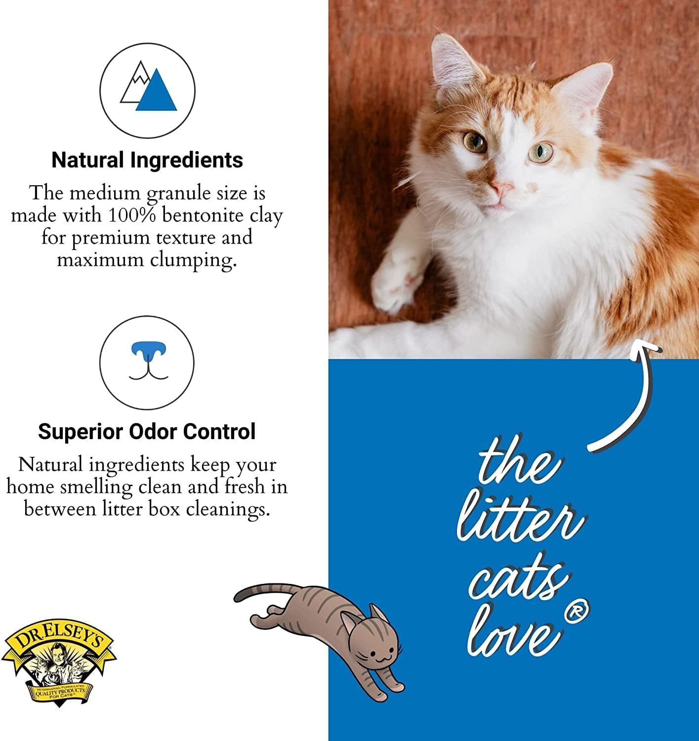 Communicates two distinct product benefits in a segmented layout: the natural bentonite clay composition for premium texture and clumping, and the odor…