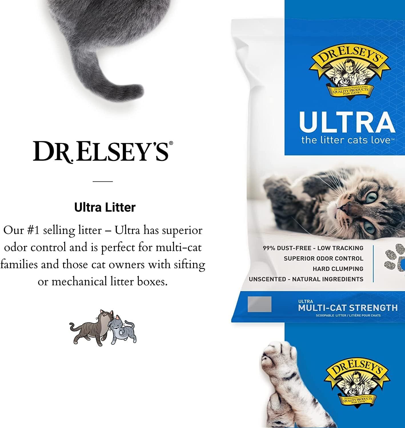 Communicates multiple key benefits of the Ultra Litter product in a segmented layout to show shoppers why it's the #1 selling litter and ideal for multi-cat…