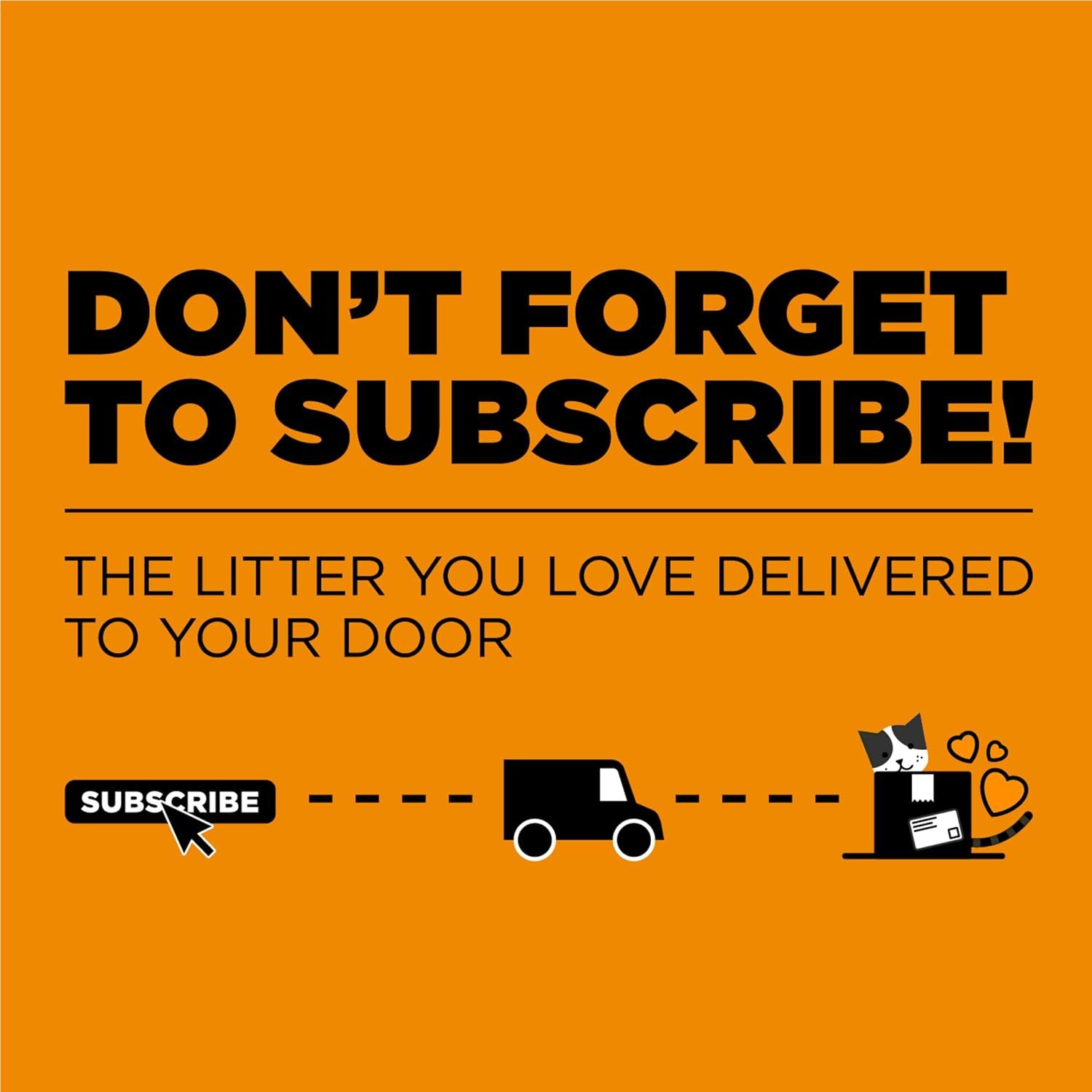 Promotes the convenience of a subscription service that delivers cat litter directly to the customer's door, encouraging shoppers to subscribe for automatic…