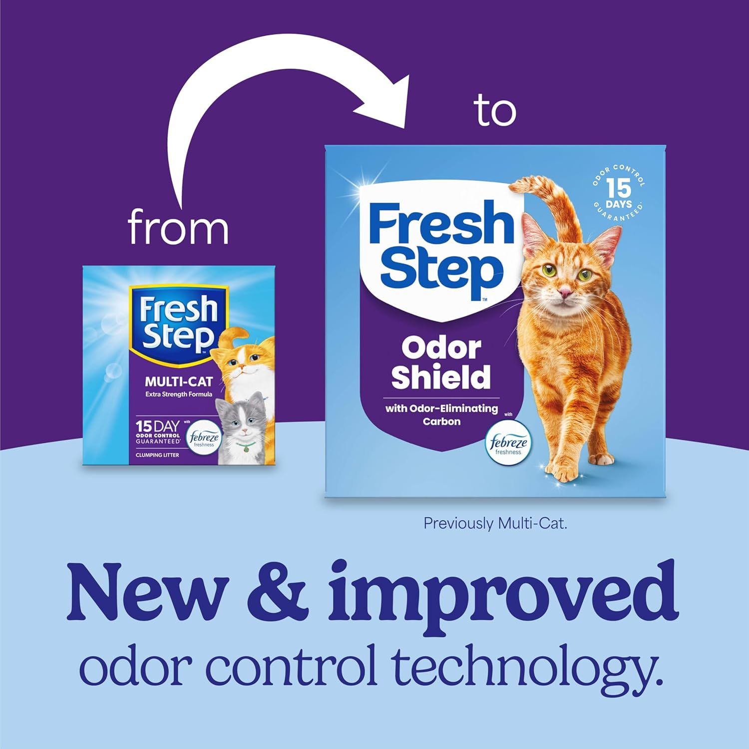 Communicates that the Multi-Cat product has been rebranded to Odor Shield with improved odor control technology, helping shoppers understand the product transition and reassuring them of continued…