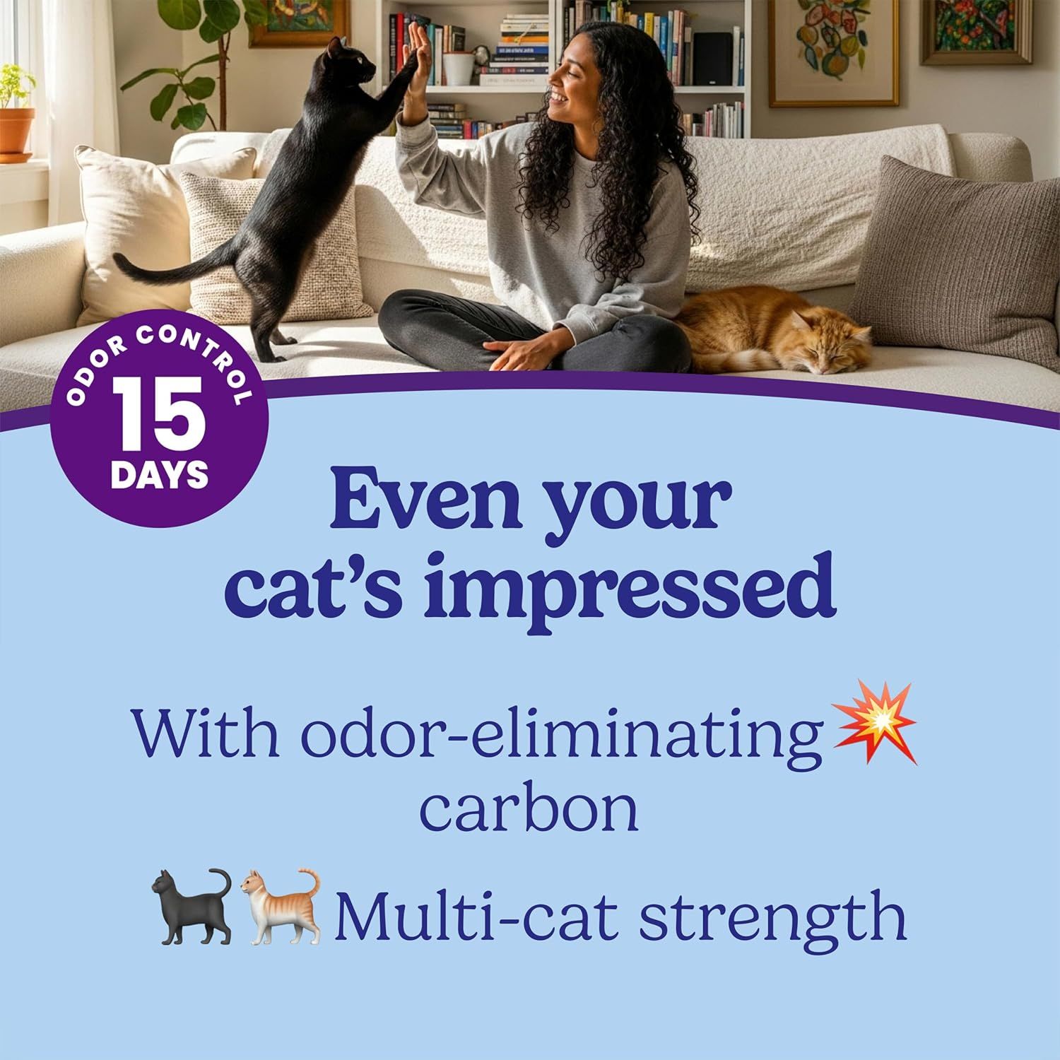 Communicates multiple key benefits of the product: odor-eliminating carbon technology, multi-cat strength, and 15-day odor control to reassure cat owners of effective and long-lasting performance.