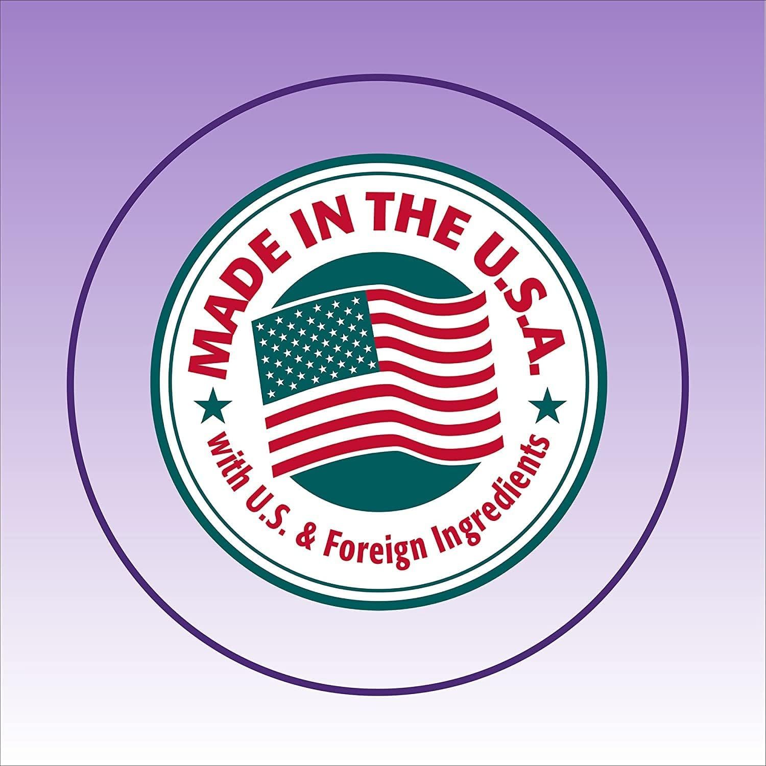 Communicates the product's American manufacturing origin and ingredient sourcing to build trust and appeal to shoppers who value domestic production.