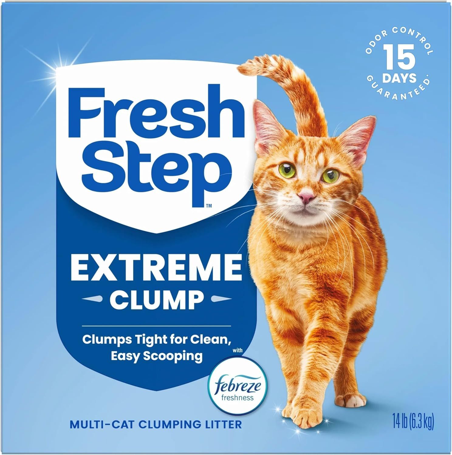Communicates the primary benefit of the litter's extreme clumping ability for clean and easy maintenance, reinforced by the odor control guarantee.