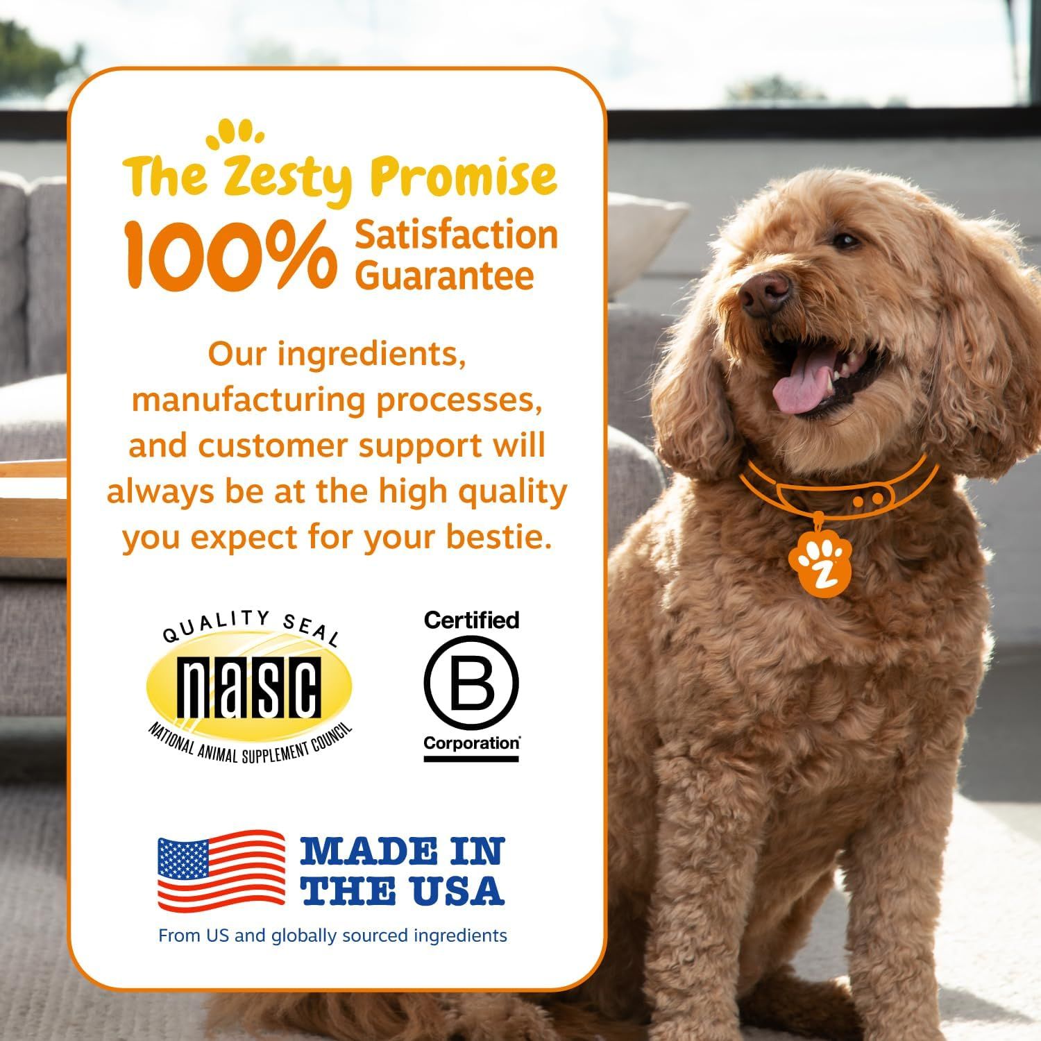 Communicates the brand's quality promise, certifications, and manufacturing origin to build trust and reassure shoppers about product quality and customer support.