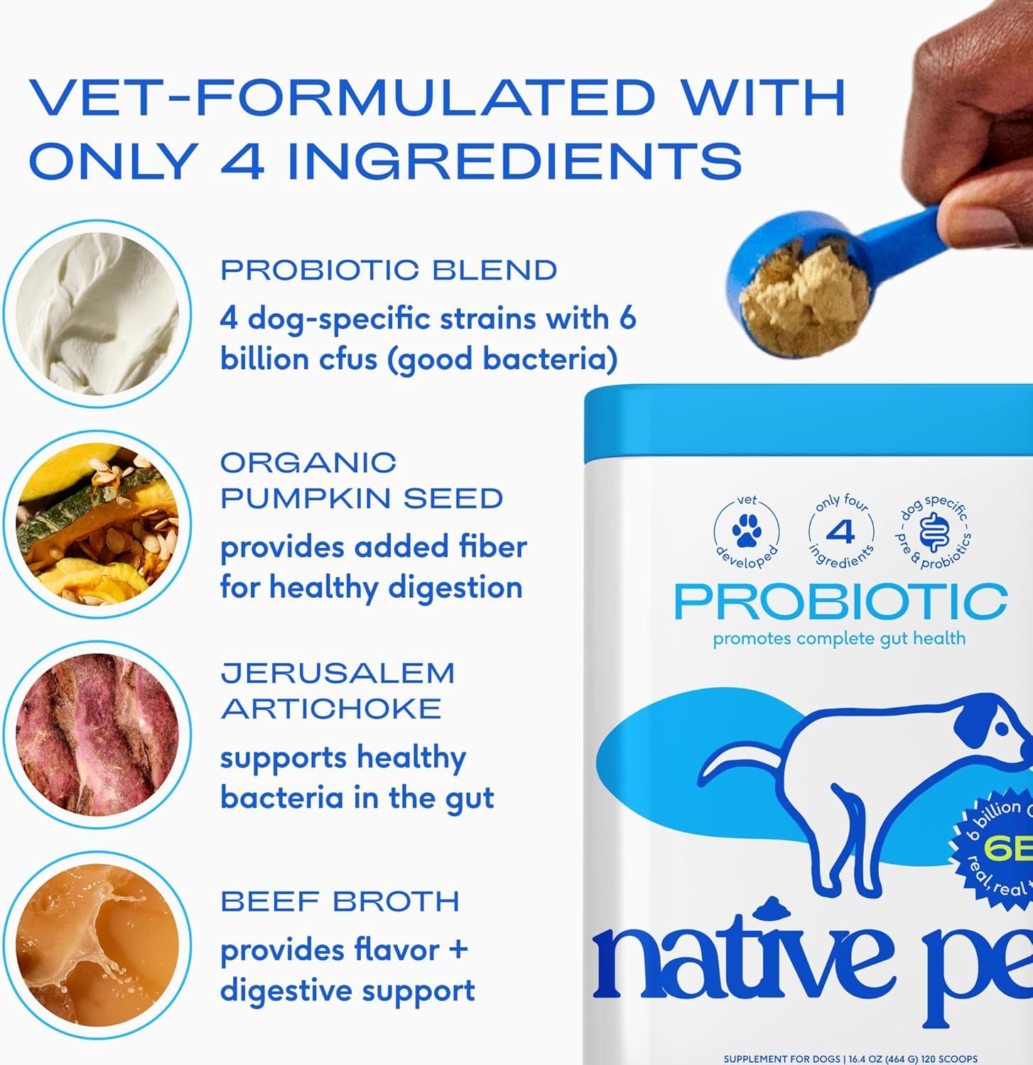 Communicates multiple distinct benefits of the probiotic supplement including its simple vet-formulated ingredients, digestive support, gut health benefits, and flavor appeal to reassure pet owners…