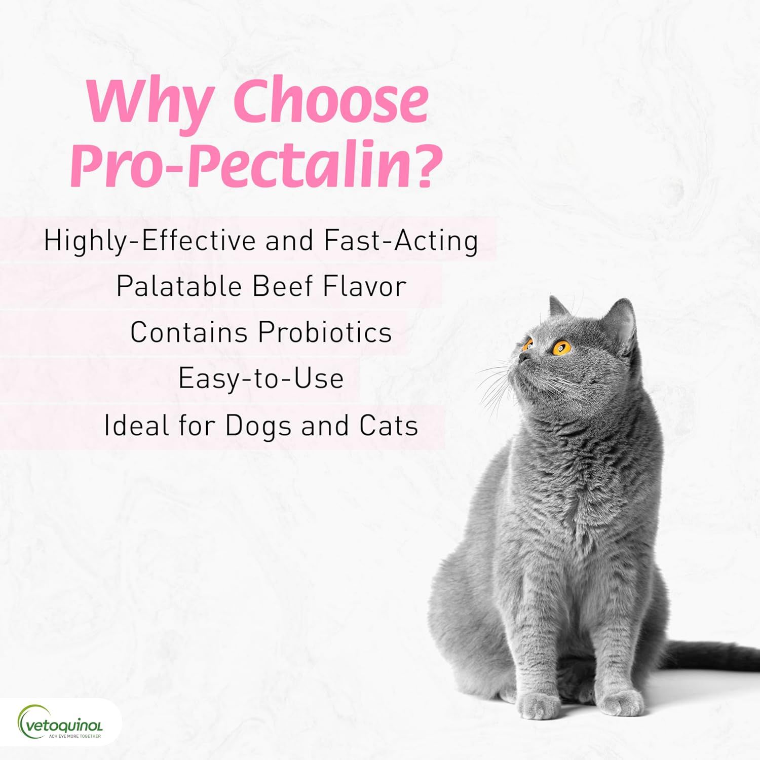 This image communicates multiple key benefits of the Pro-Pectalin product to help shoppers understand why they should choose this brand, highlighting effectiveness, taste, probiotic content, ease of…