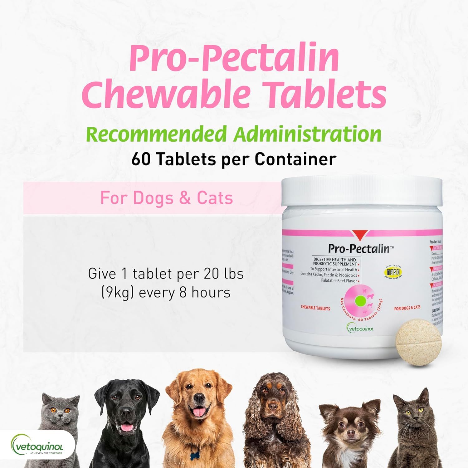 Provides clear dosage instructions to help pet owners understand how to properly administer the chewable tablets based on their pet's weight. Communicates the product's primary benefit as a…