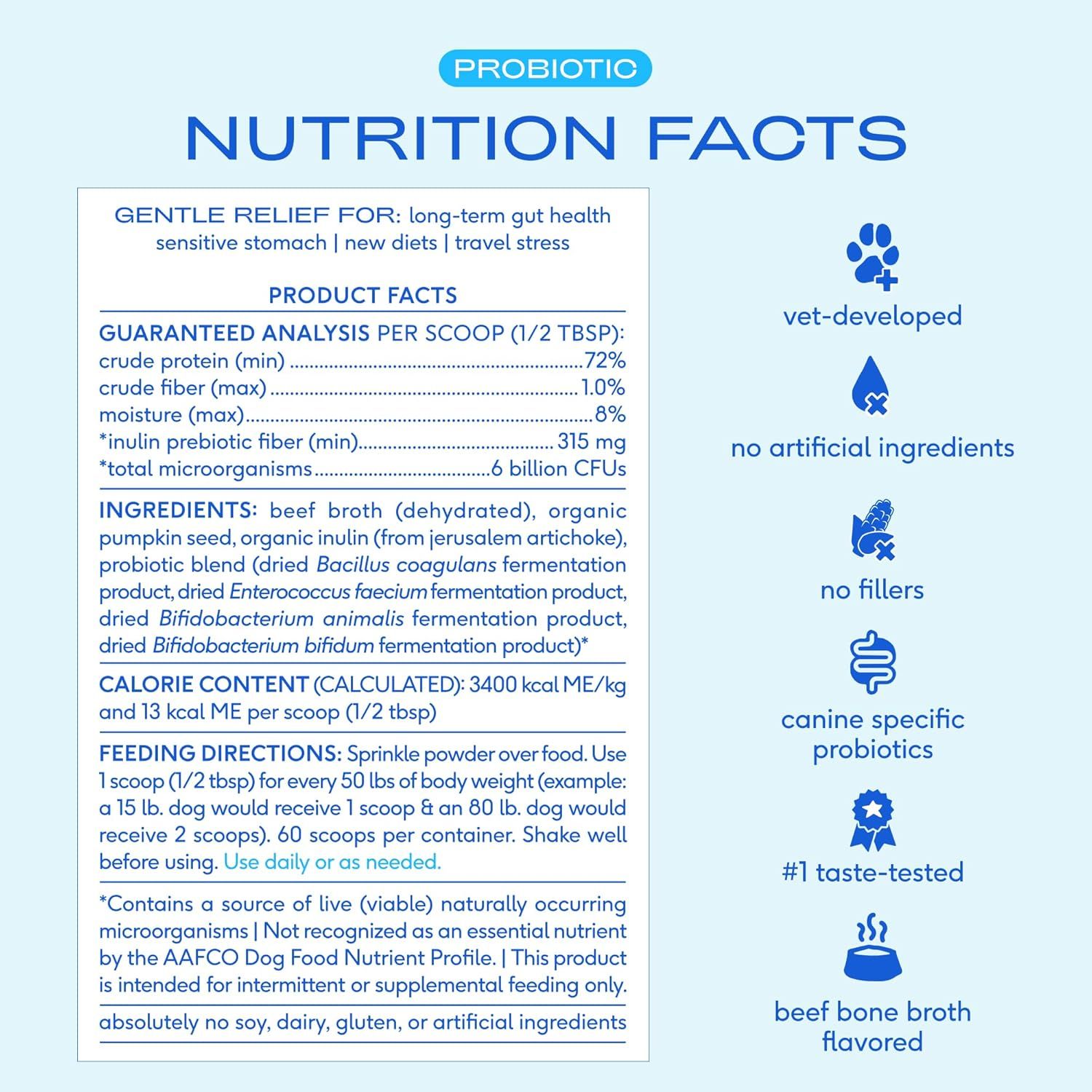 Communicates multiple key selling benefits and differentiators of the probiotic product through a segmented layout with icons and text, building trust and highlighting product quality.