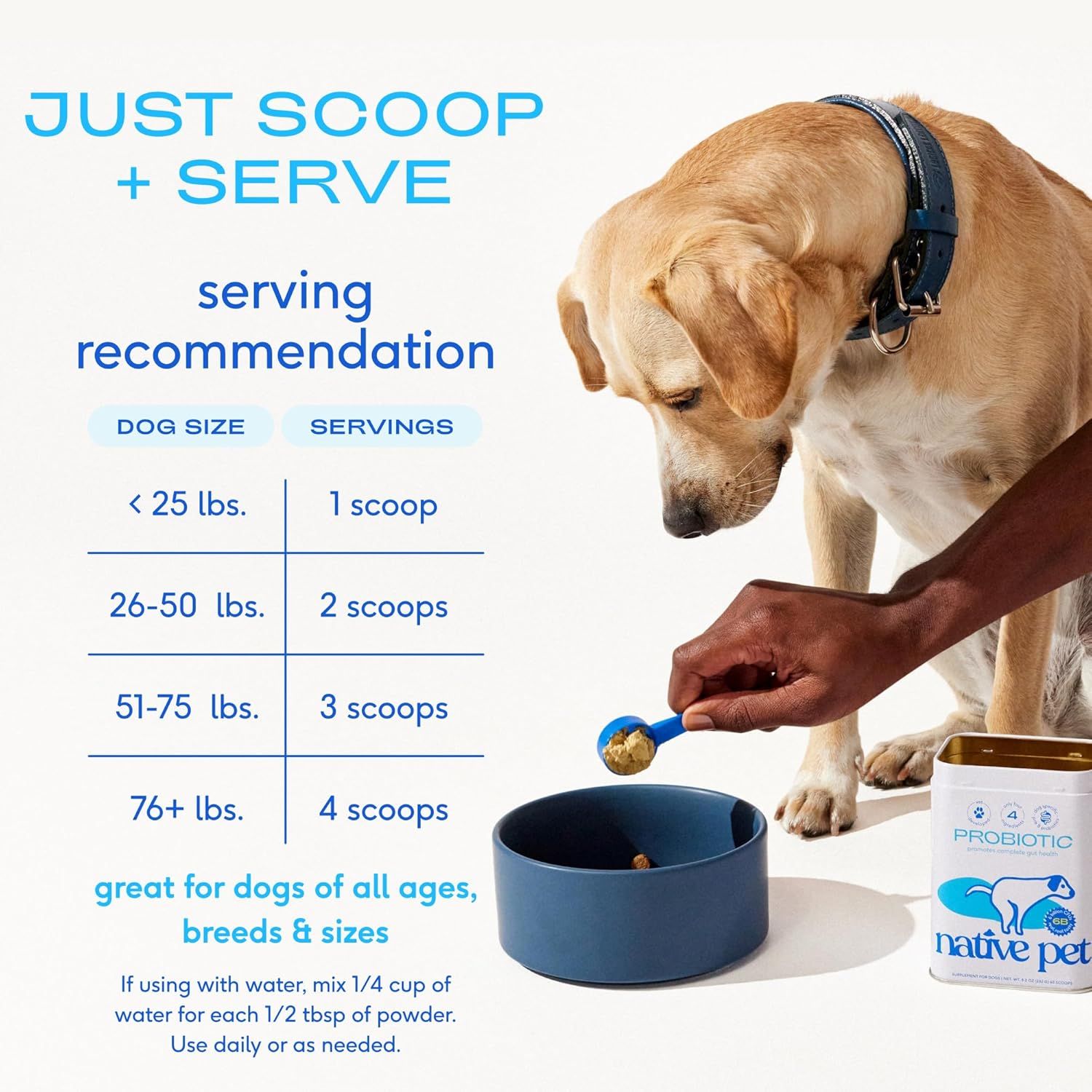 Provides clear serving recommendations based on dog weight to help pet owners determine the correct amount of probiotic powder to feed their dog. Communicates the ease of use and simplicity of the…