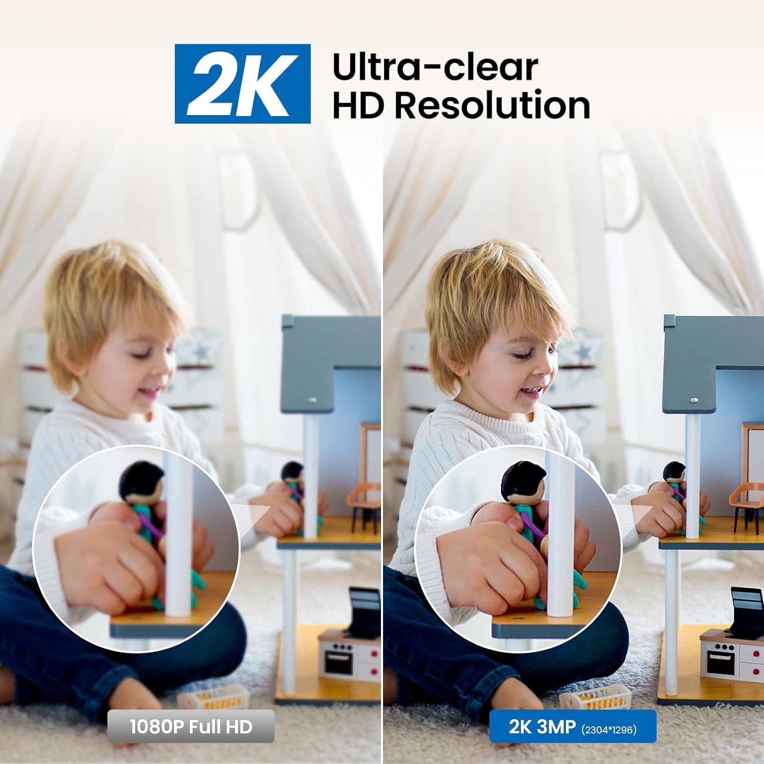 Demonstrates the superior image clarity and detail of the 2K 3MP resolution compared to standard 1080P Full HD, showing shoppers the visual quality improvement they can expect. Highlights the…