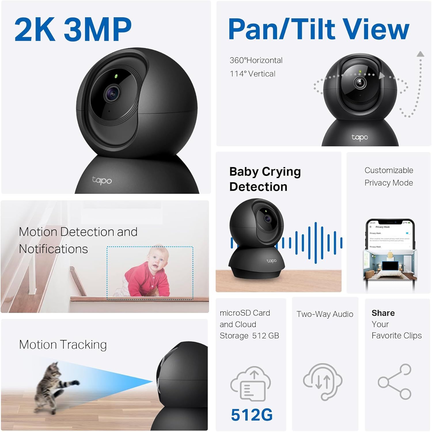 This image showcases multiple distinct features and benefits of the security camera in a segmented grid layout, helping shoppers understand the comprehensive…