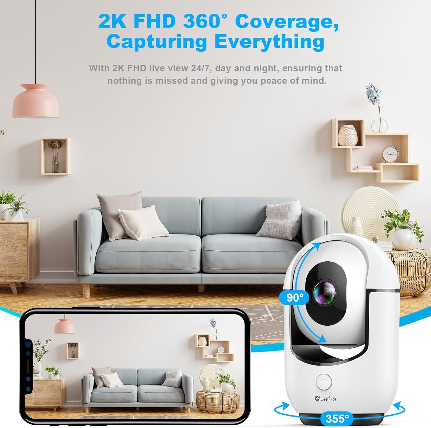 Highlights the camera's high-resolution 2K FHD video quality and complete 360-degree coverage capability to reassure shoppers of comprehensive surveillance…