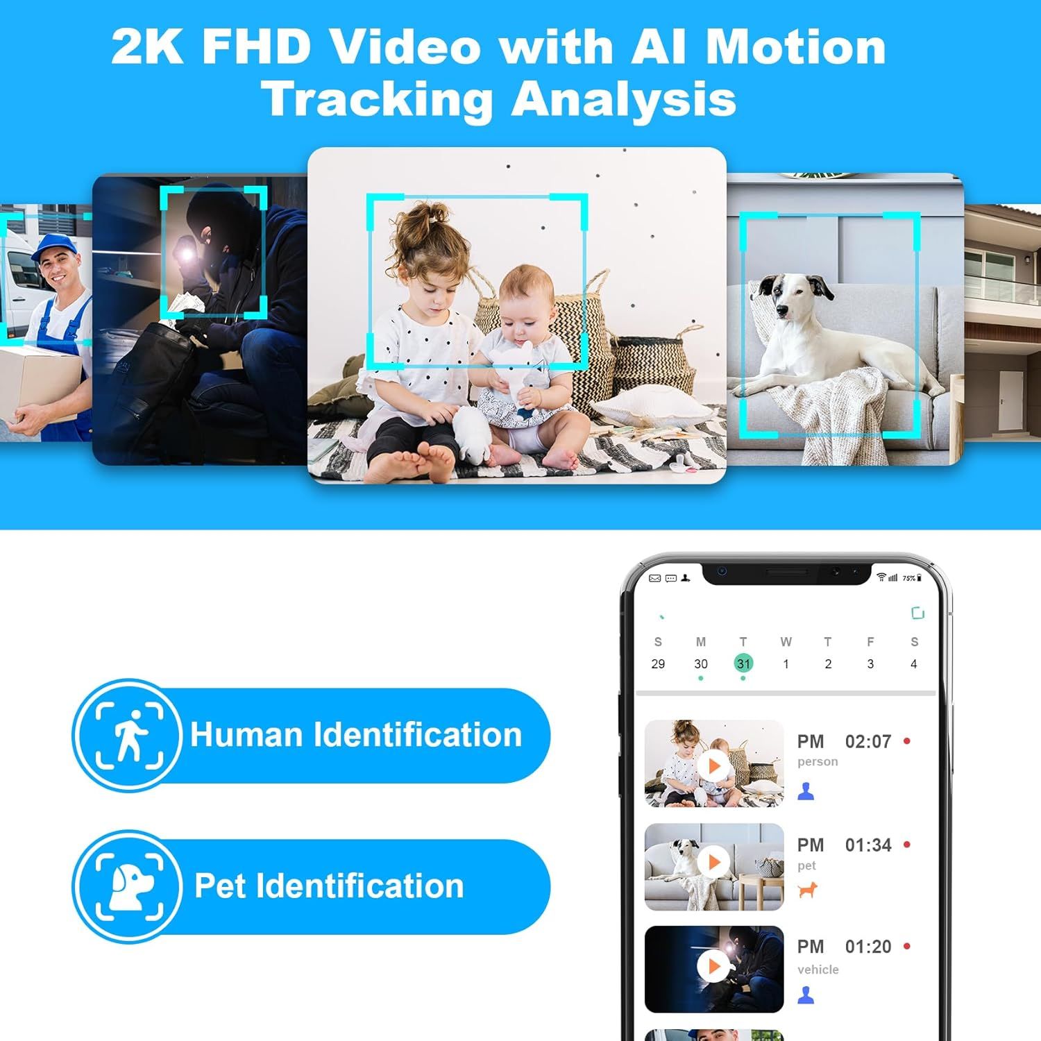 Communicates the security camera's multiple advanced features including high-resolution video, AI-powered motion tracking, and intelligent identification…