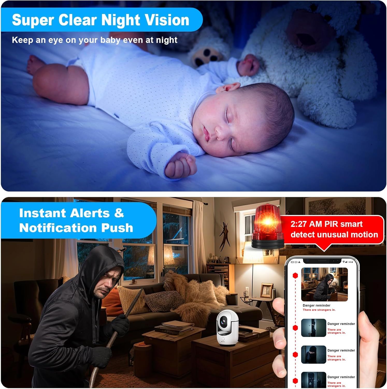 Communicates two distinct security camera benefits: clear night vision for baby monitoring and instant motion-triggered alerts with smartphone notifications.