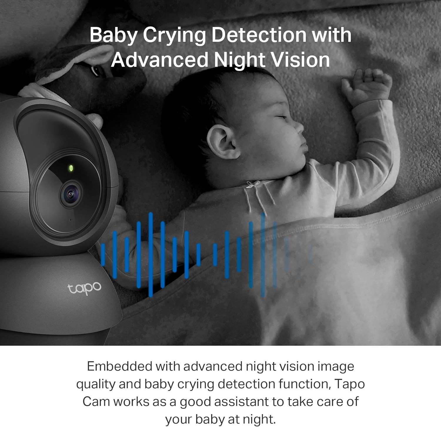 Communicates the product's ability to detect baby crying and provide clear night vision monitoring, reassuring parents that the camera will help them care for…