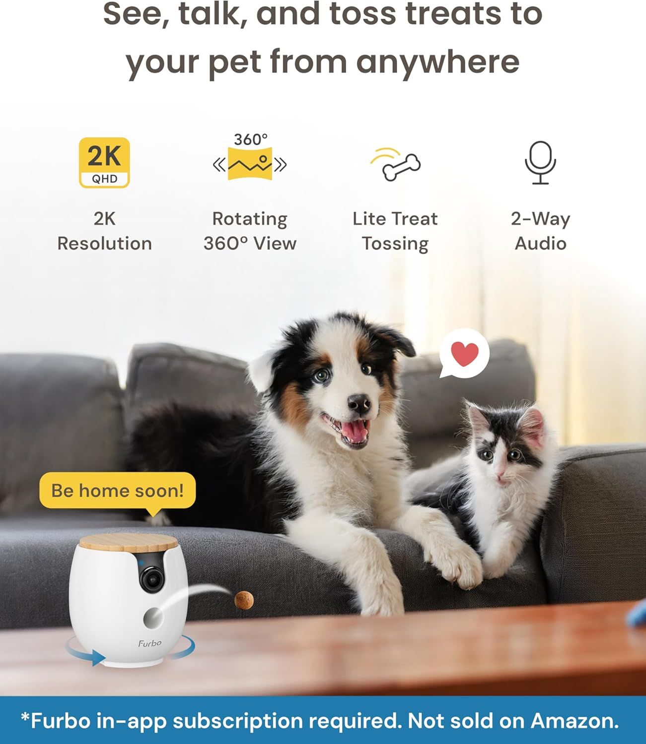 Showcases multiple distinct features of the pet camera in a segmented layout to demonstrate its comprehensive monitoring and interaction capabilities for pet…