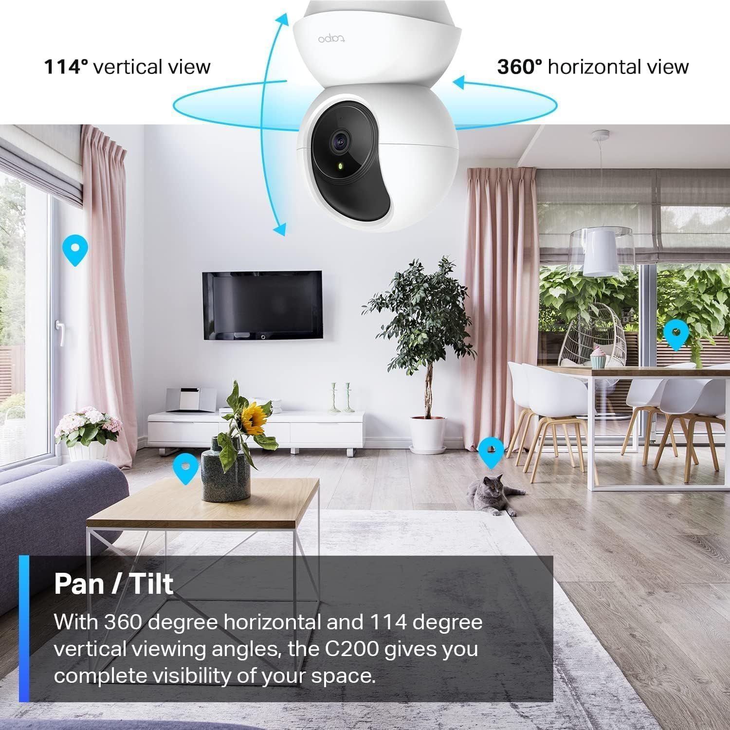 Communicates the camera's comprehensive coverage capabilities with specific viewing angle measurements to reassure shoppers of complete room monitoring.…