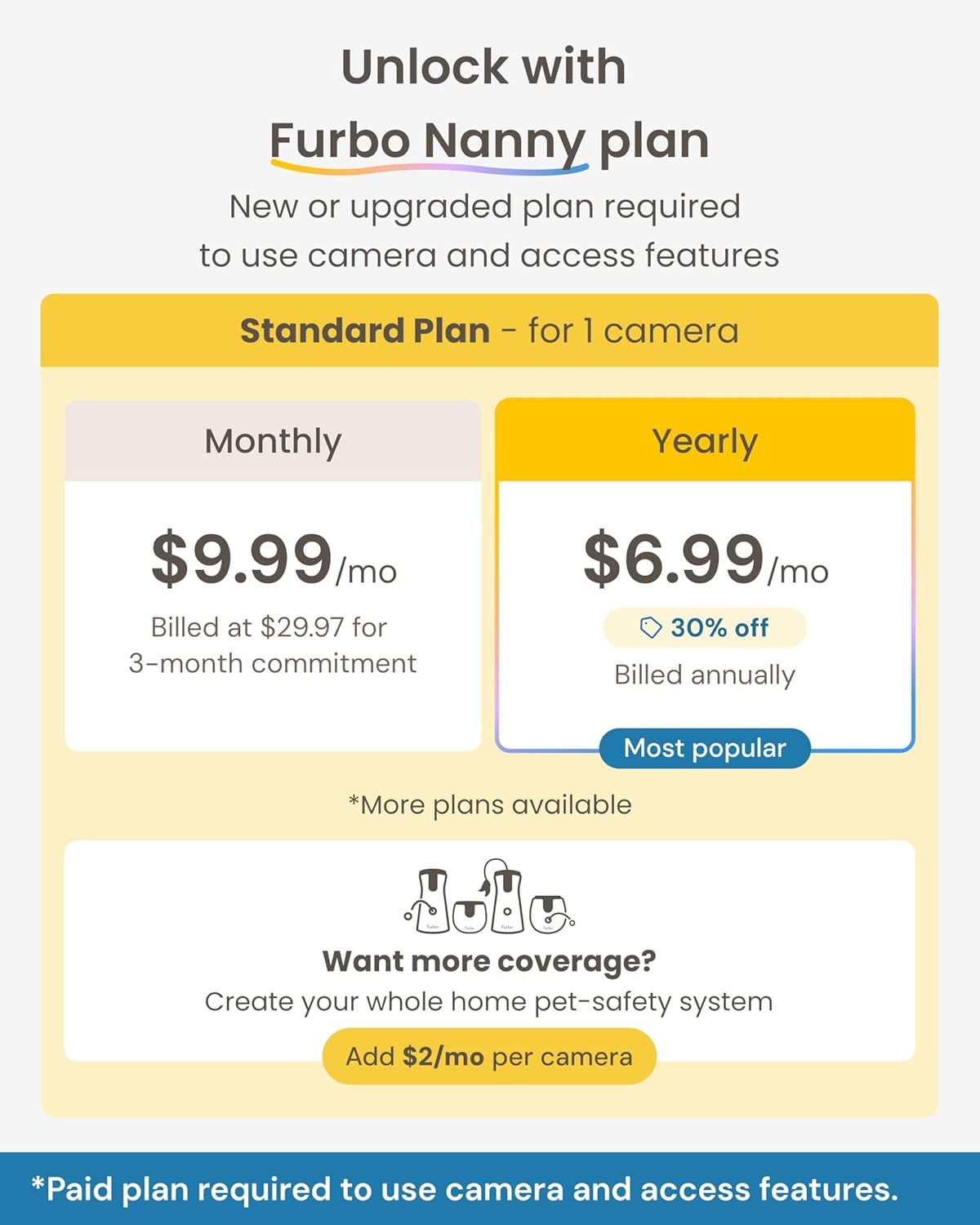 This image showcases the brand's subscription plan lineup (Furbo Nanny plan) with multiple pricing tiers and options, helping shoppers understand the service…