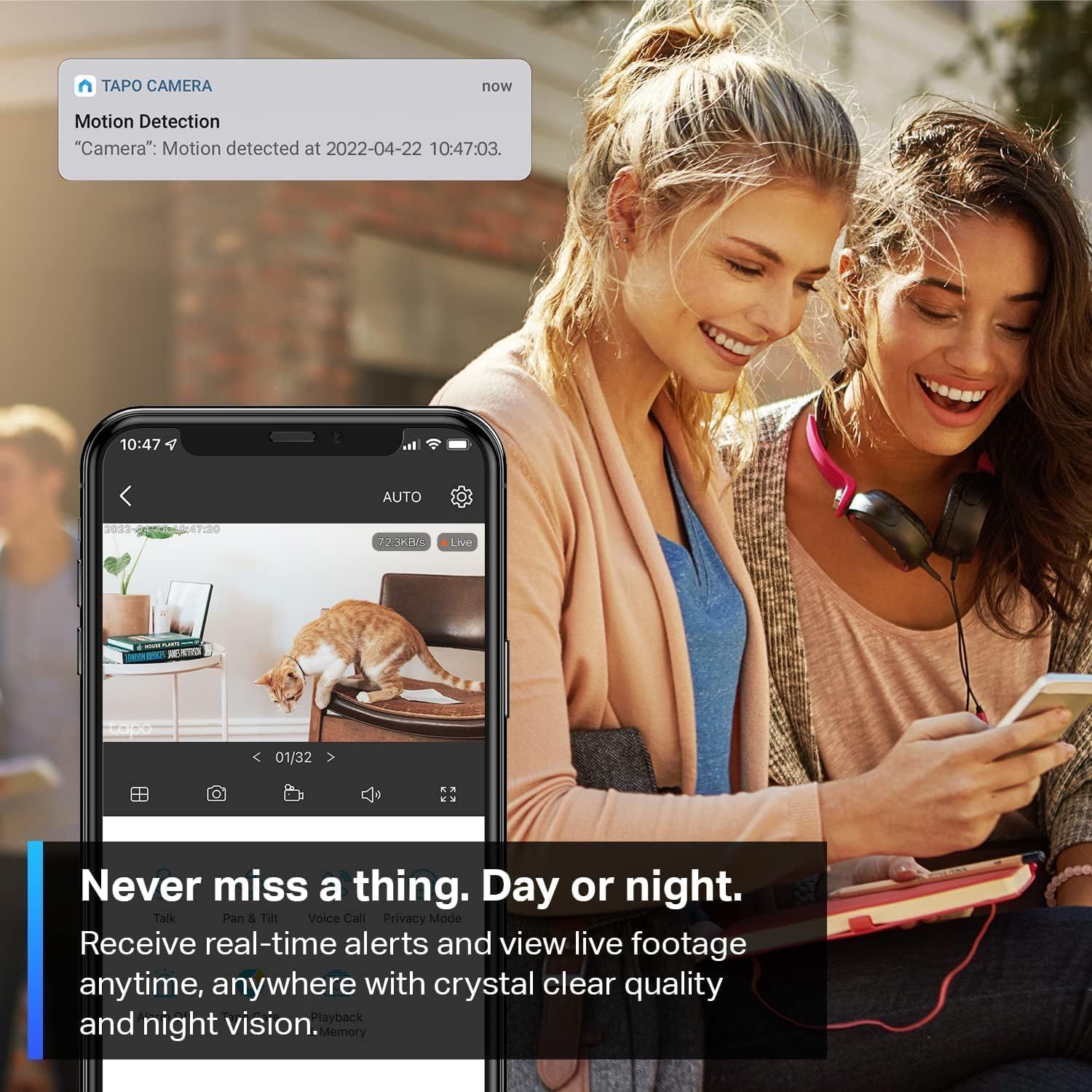 Communicates the camera's ability to send instant motion detection alerts and provide live footage viewing anytime, anywhere, reassuring shoppers they can…