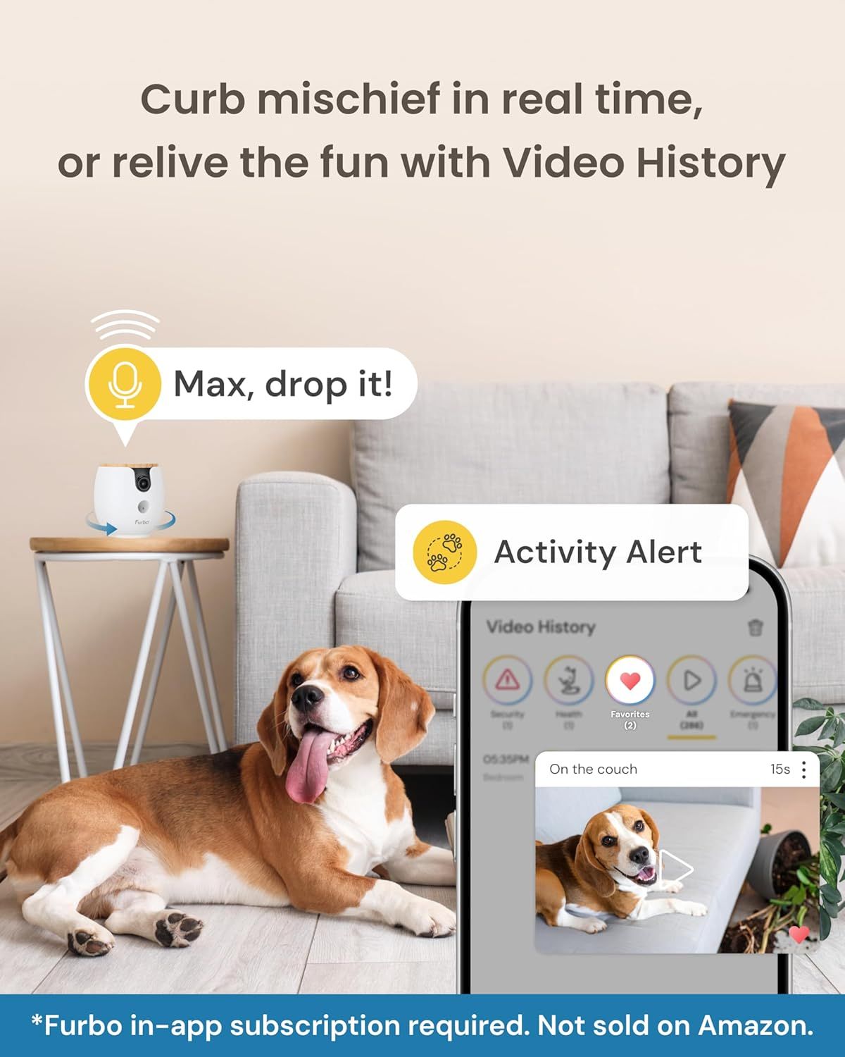 Demonstrates multiple smart features of the pet camera including voice commands, real-time activity notifications, and video playback capabilities to show…
