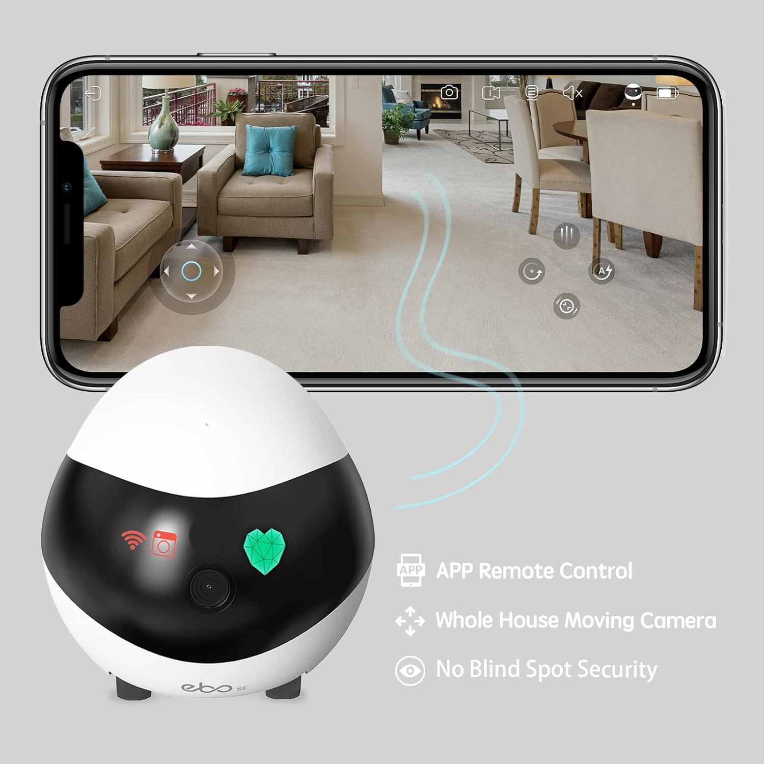 Communicates three distinct benefits of the security camera: app-based remote control, 360-degree movement capability, and comprehensive security coverage…