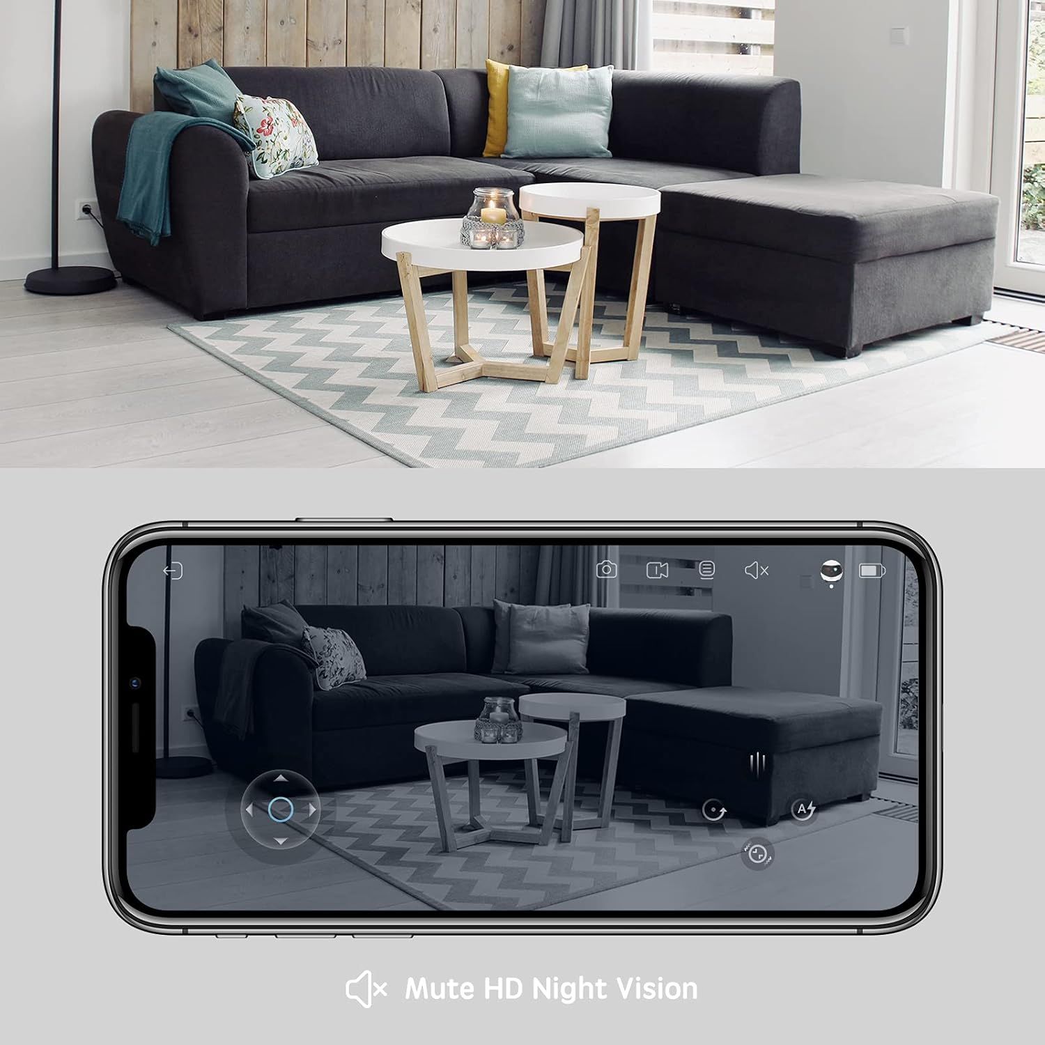 Demonstrates the product's HD night vision capability with mute functionality, showing shoppers how the camera captures clear footage in low-light conditions…