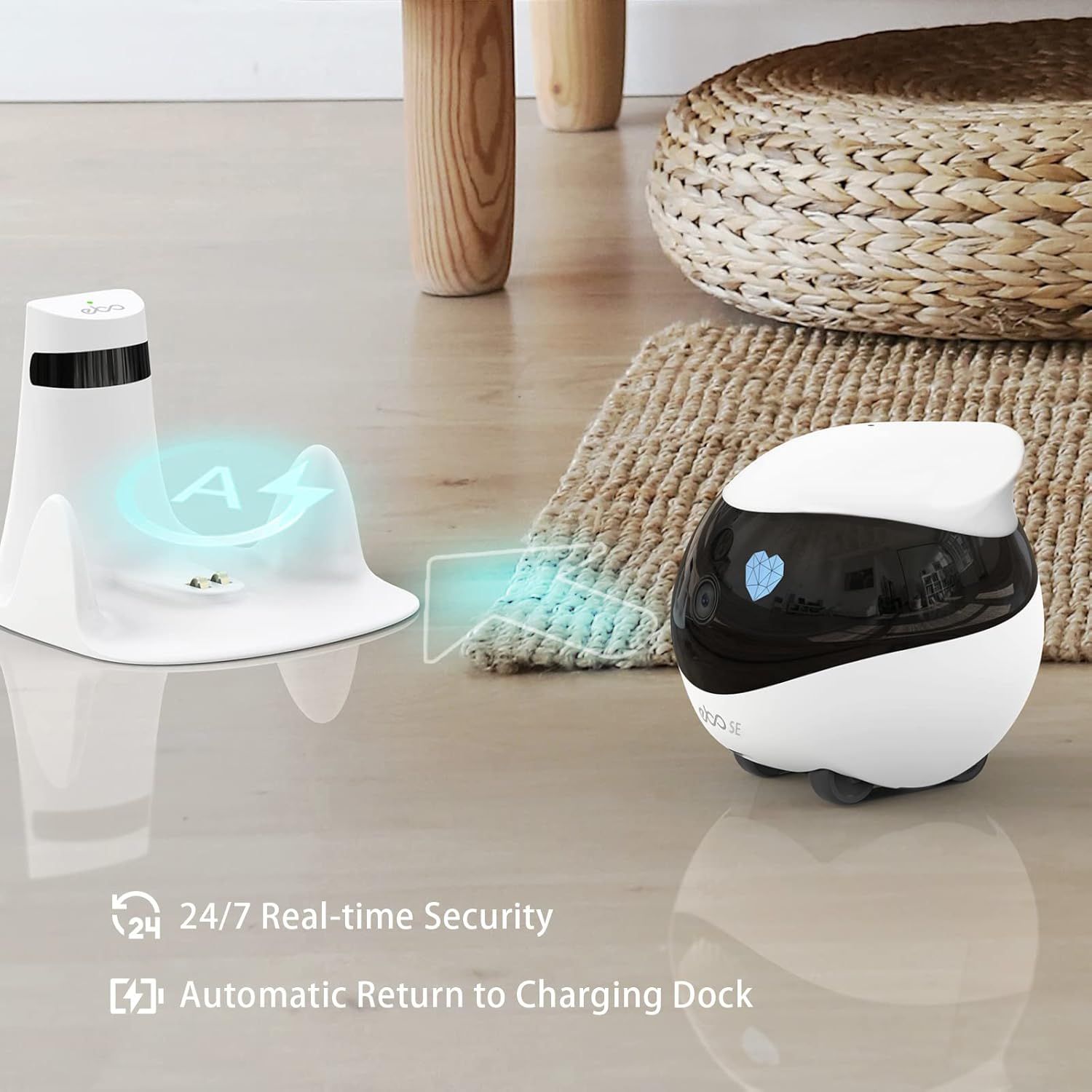 Communicates two distinct benefits of the robotic security device: continuous monitoring capability and autonomous charging functionality to reassure shoppers…