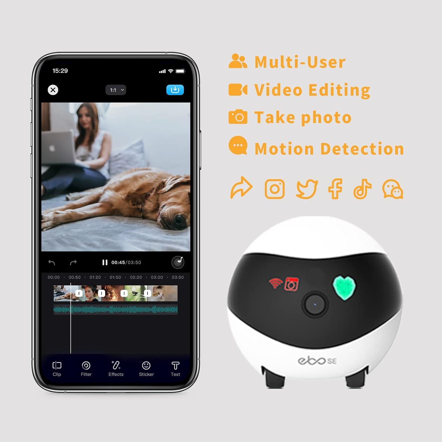 Communicates multiple key features of the security camera including multi-user access, video editing capabilities, photo capture, motion detection, and social…