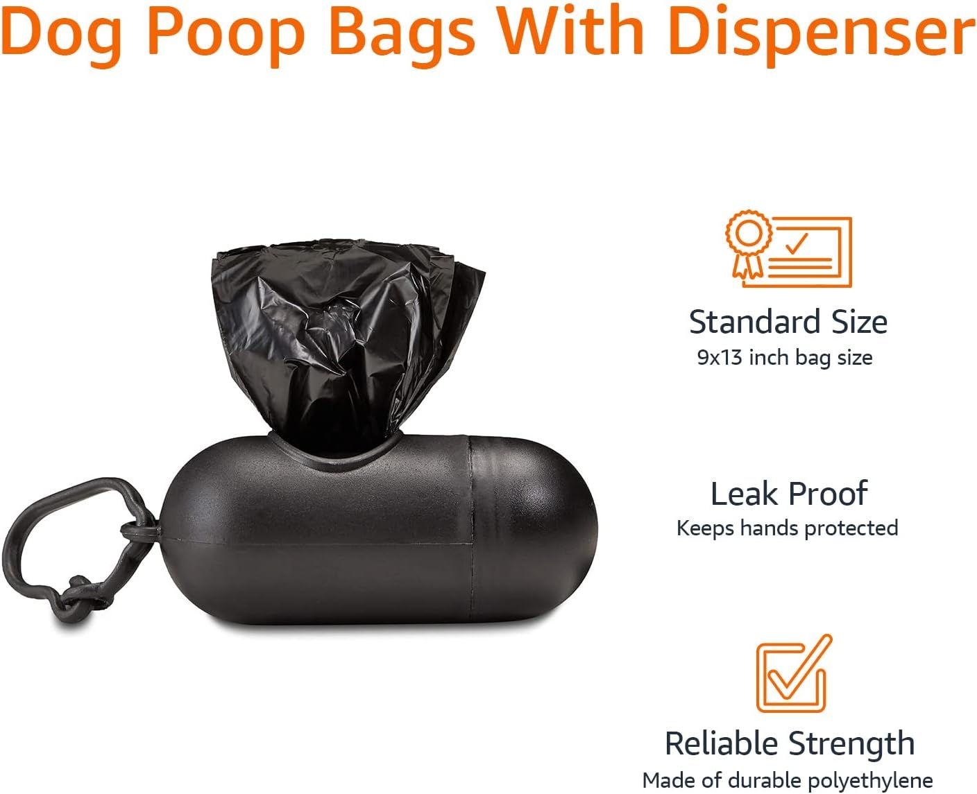 Communicates three distinct product benefits in a segmented layout: the bag size specification, leak-proof protection for hands, and durable construction…