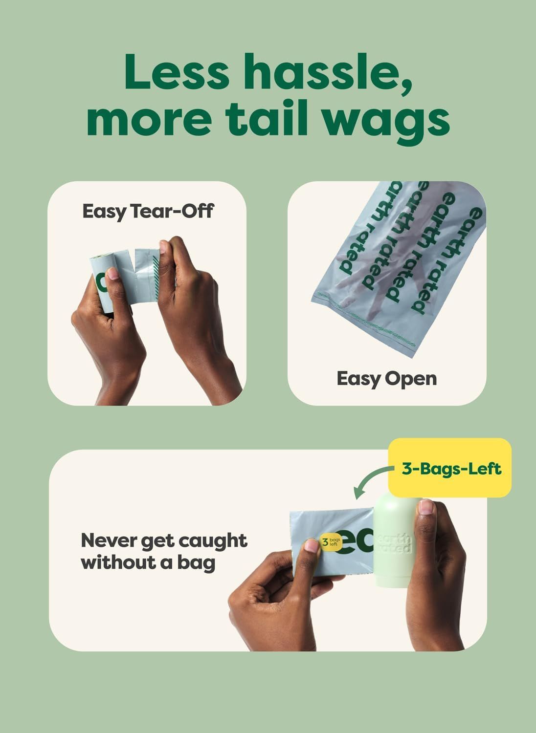 Highlights three distinct convenience features of the dog waste bag packaging to reassure shoppers that the product is user-friendly and practical for…