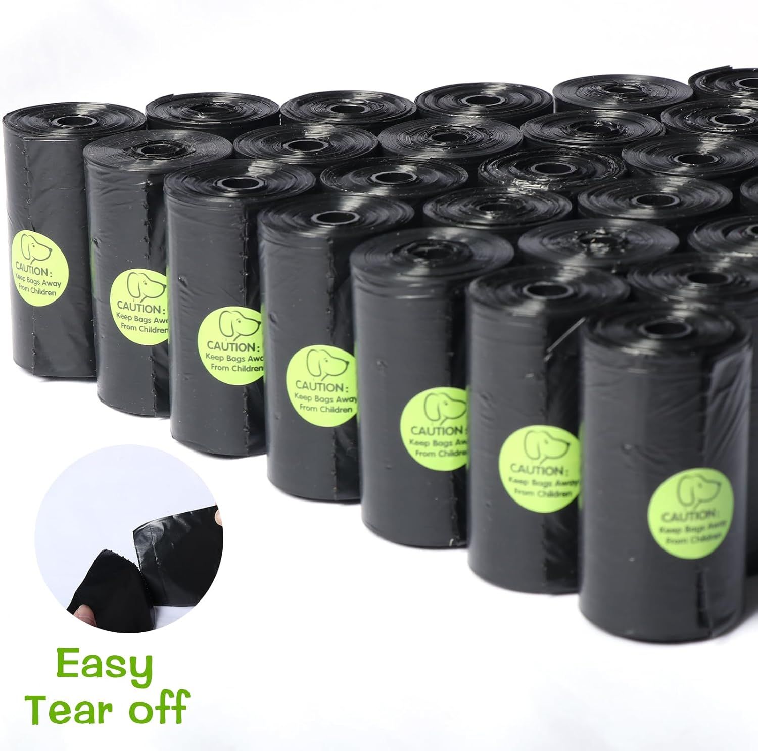 Shows the customer the large quantity of dog waste bag rolls included in the purchase, emphasizing value and long-lasting supply. Highlights the easy tear-off feature of the bags, reassuring…