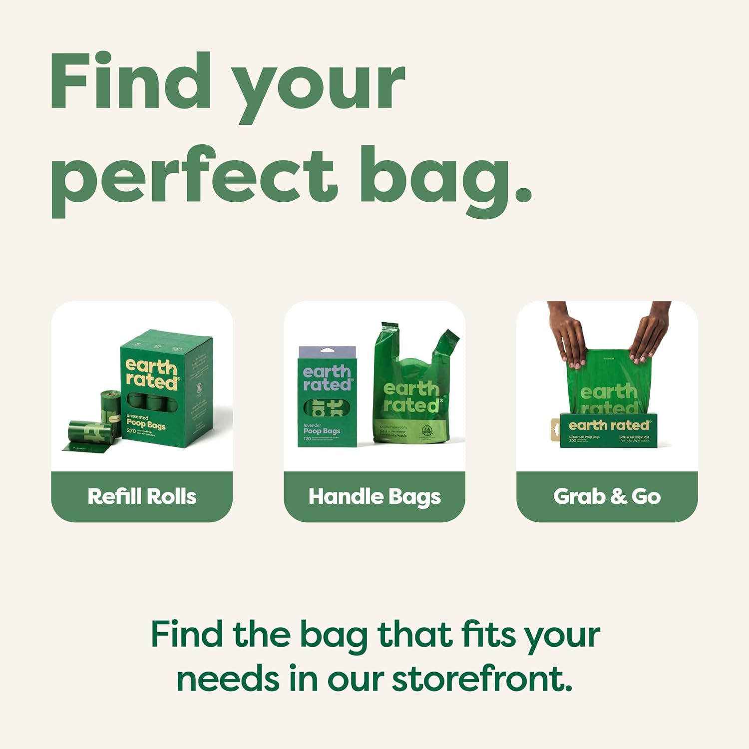 Helps shoppers choose the right bag format from the brand's product lineup by showcasing three different options: Refill Rolls, Handle Bags, and Grab & Go.