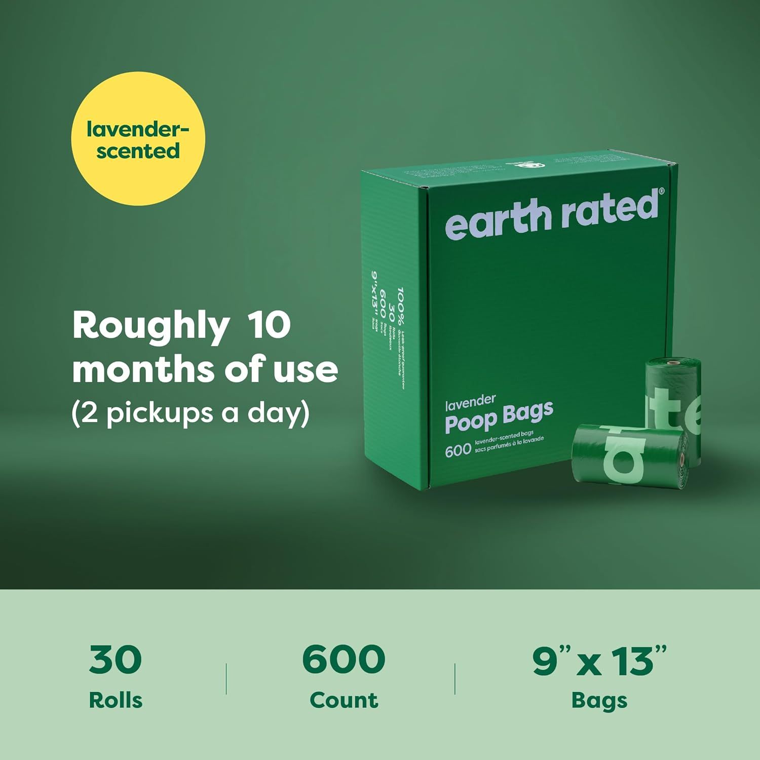 Communicates multiple product benefits in a segmented layout: the lavender scent feature, the duration of use (10 months supply), and key specifications (30 rolls, 600 count, bag dimensions) to help…