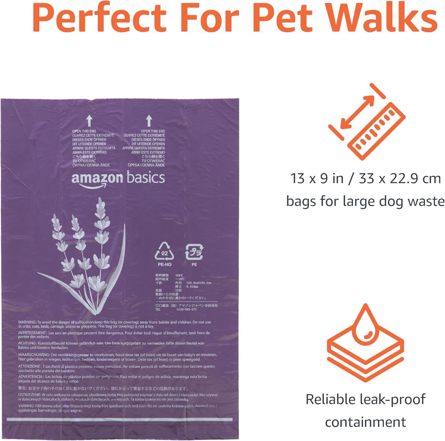 Communicates multiple key benefits of the dog waste bags including their large size (13 x 9 in), leak-proof reliability, and suitability for pet walks,…